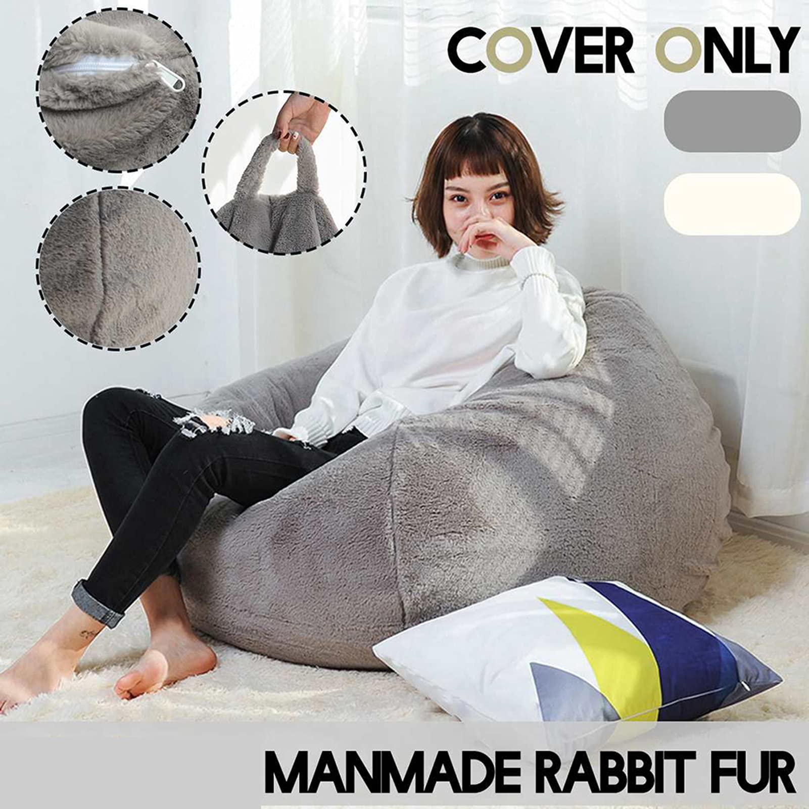 Couverture pour Pouf Poire, Sac de Haricot Rangement Jouets en Fourrure de Lapin Artificielle Housse de Pouf Poire Fauteuil, sans Remplissage,Blanc