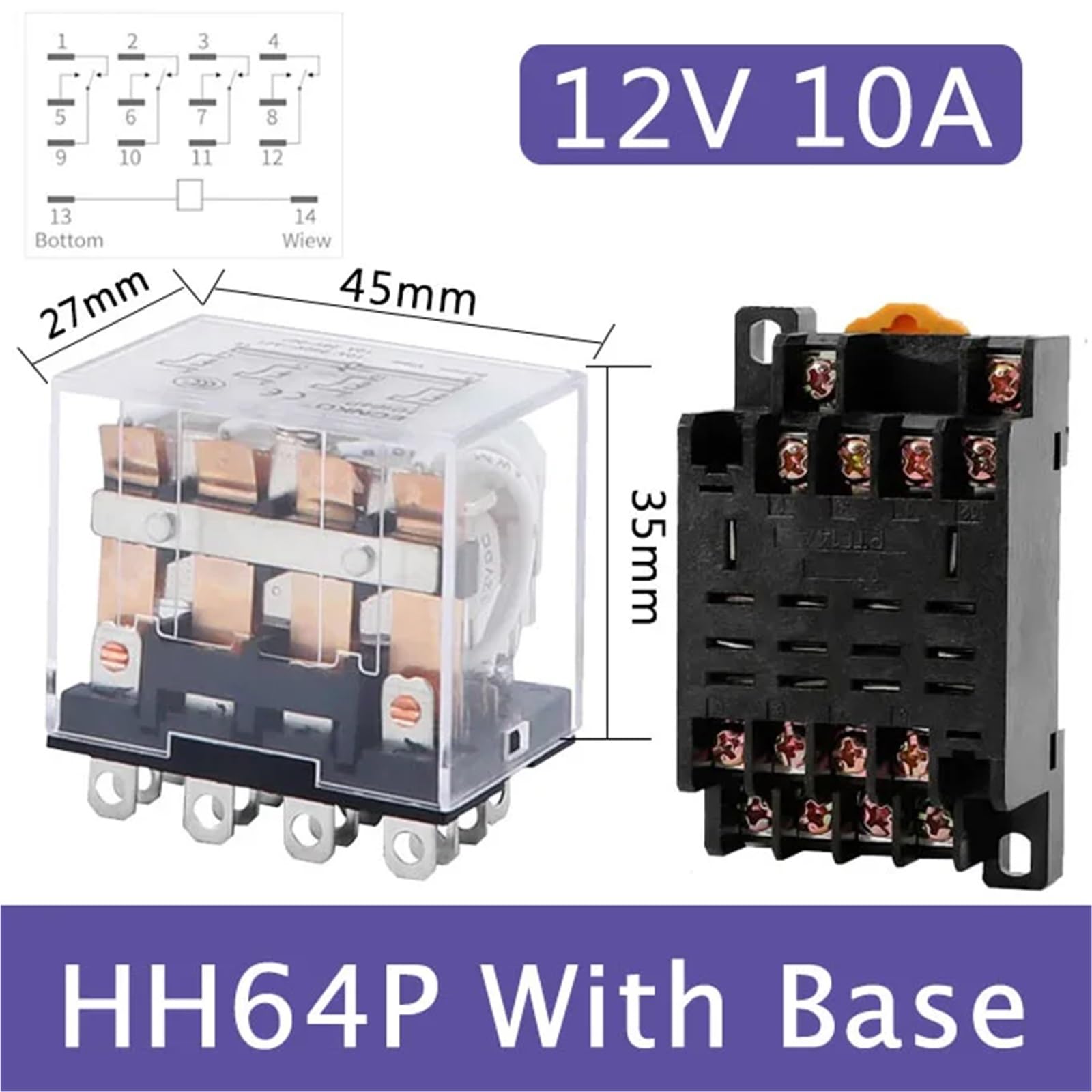 Bobina de relé de alta potencia HH64P, 5 unidades, interruptor de relé microelectromagnético DPDT general con base de zócalo, CA 110 V, 220 V, CC 12 V, 24 V, 36 V(DC (5Pcs),12V With Base)