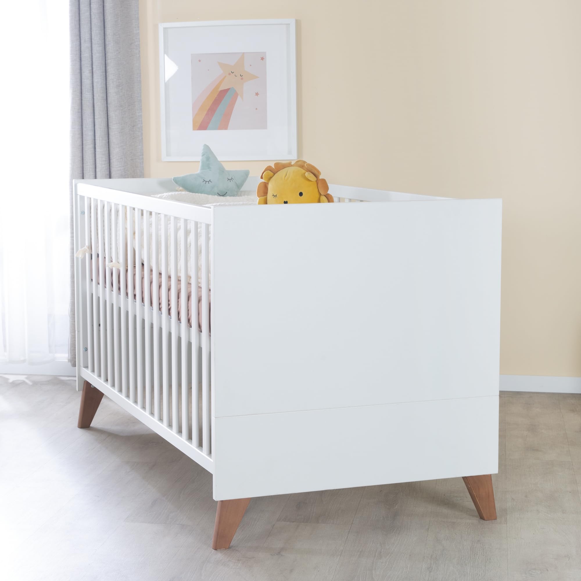 roba Set per cameretta bambini 3 pezzi Lettino 70x140 cm convertibile fasciatoio 3 cassetti armadio bambini Maniglie piedi legno massello Bianco rovere scuro