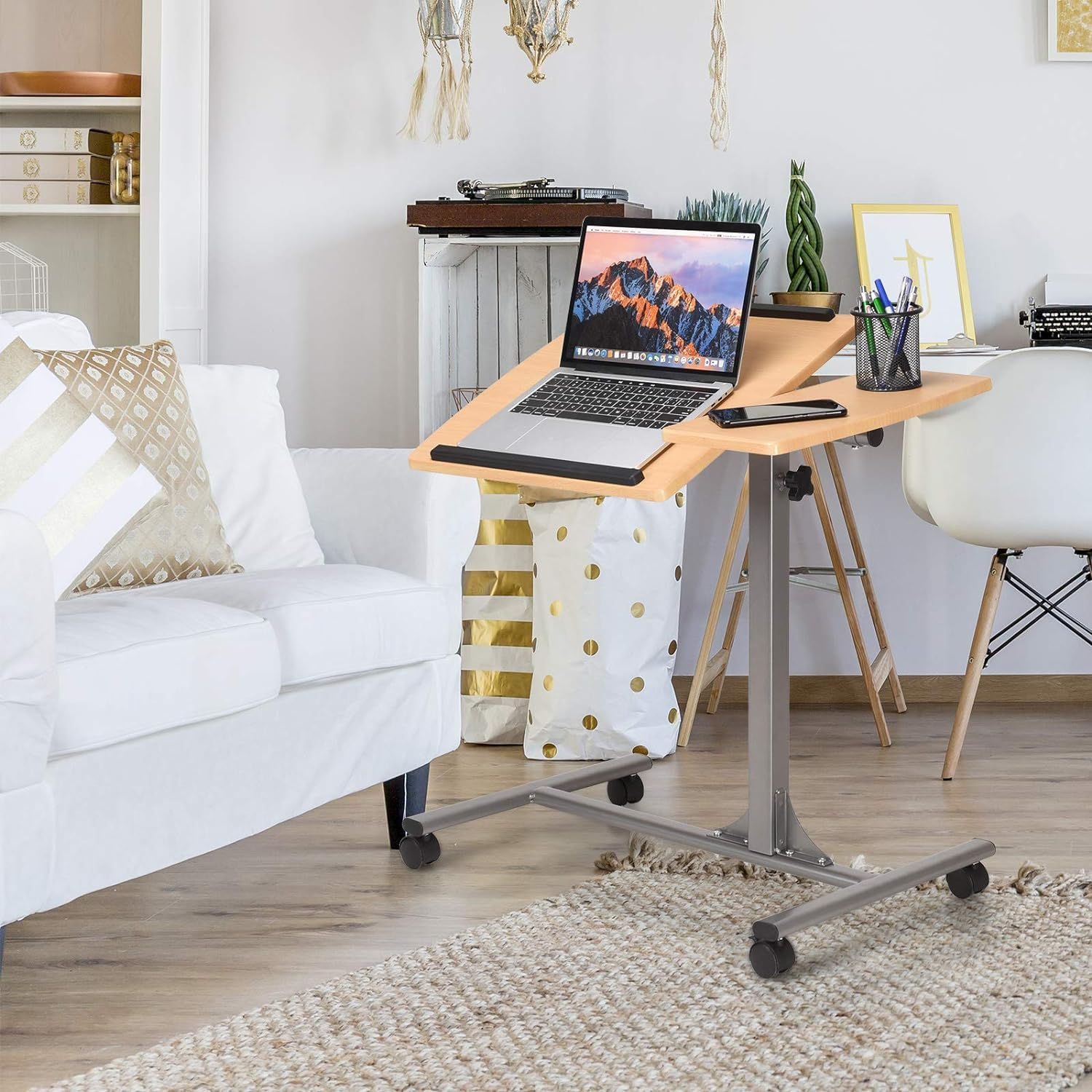 RELAX4LIFE Table de Lit pour Ordinateur Hauteur Réglable 64x45x64-95CM avec 4 roulettes Tablette Inclinable (Naturel)
