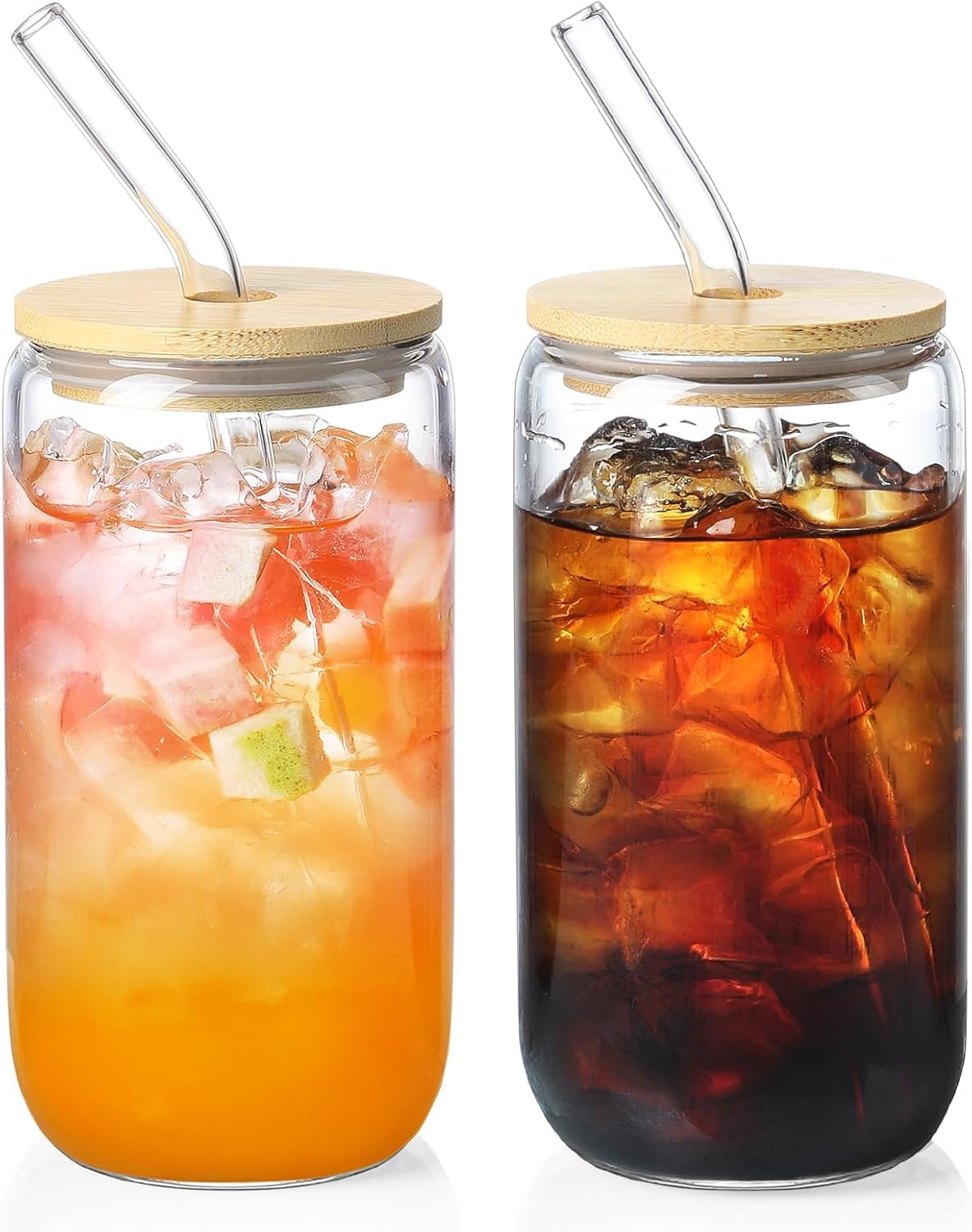 DOMINGO HUB® 1 Pack Glass Cups with Bamboo Lids and Straws 16 oz, Can Shaped Drinking Glasses Set, Iced Coffee Cup, Tea Cup, Cute Aesthetics Tumbler Cup, Birthday Gifts for Women Stemmed Glasses 2