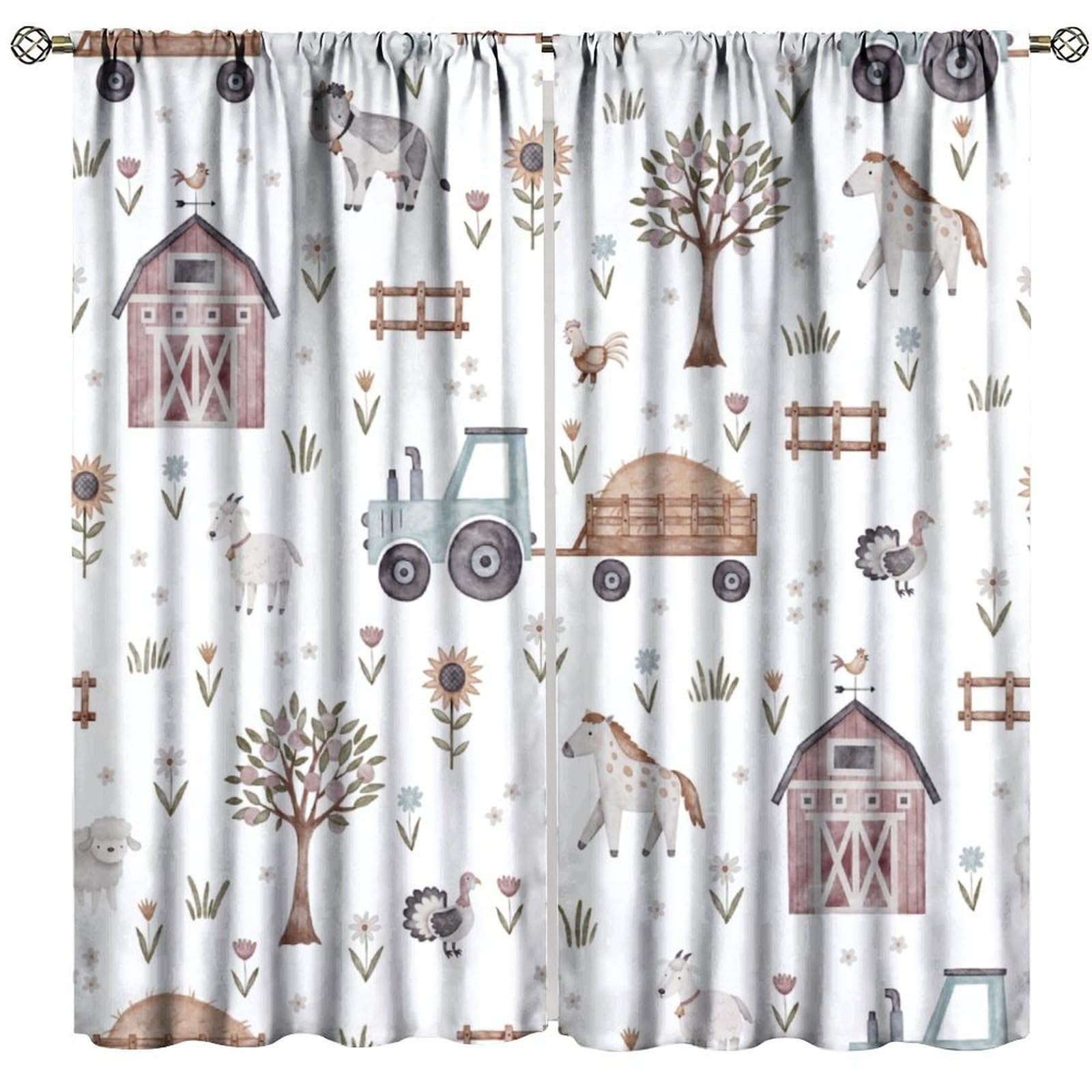 Nanacur Cartoon Farmhouse Curtains for Kids, Autumn Watercolor Farm Animals Horse Cow Sheep Sunflower Leaves Tractor Print Window Treatments for Baby