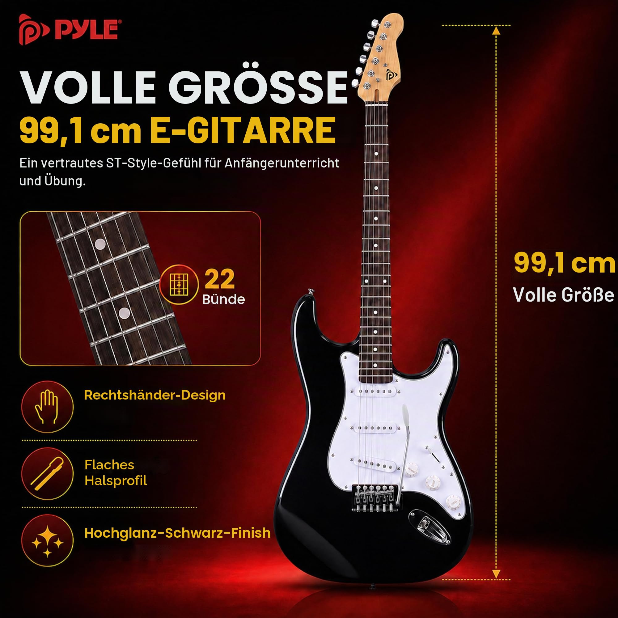 Pyle E-Gitarre Set Anfänger, ST-Gitarrenset mit 5W Verstärker, Gigbag, Gurt und Plektren, 22 Bünde, Schwarz