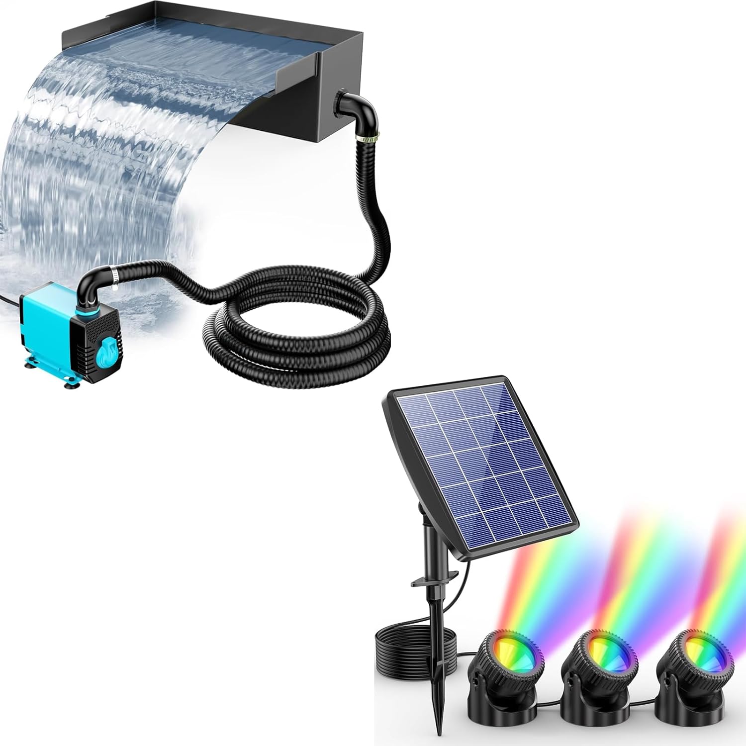 POPOSOAP 12.2" Pond Waterfall Box with Pump Kit & RGB Pond Lights, 304 Stainless Steel Pond Waterfall Spillway with 40W 660GPH Pump for Ponds Garden Waterfall
