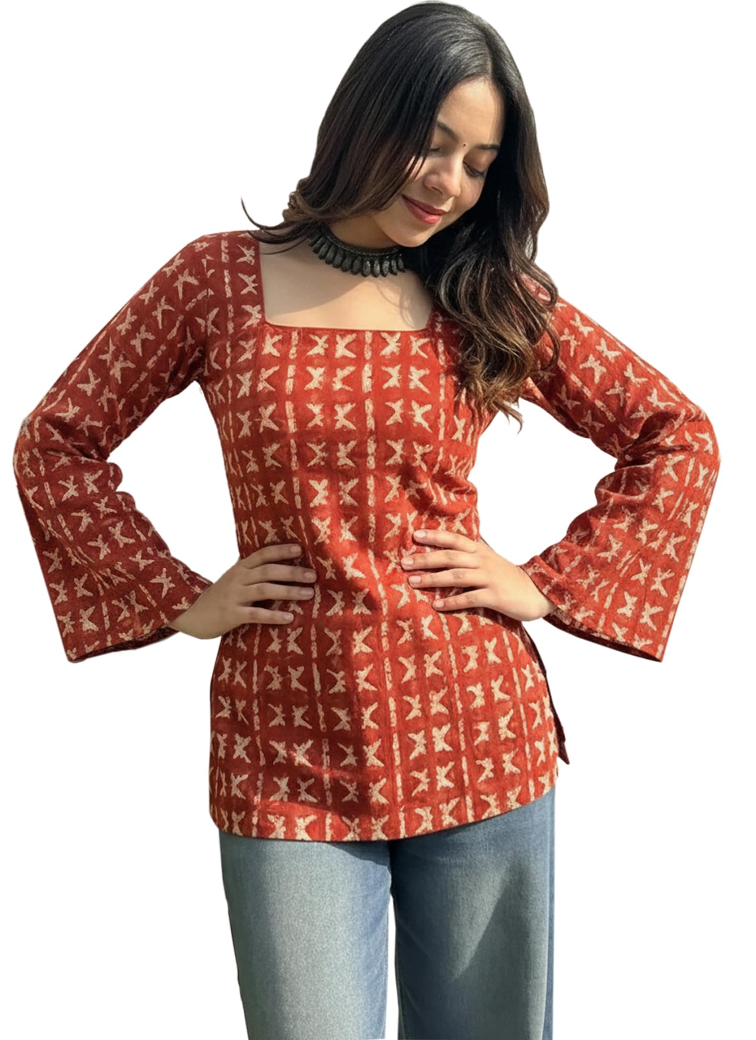 anni designer Women’s Viscose Blend Printed Short Kurti | Straight Fit Ethnic Top with Square Neck | Bell Sleeve Indian Kurta for Office College Casual Use-picture-20