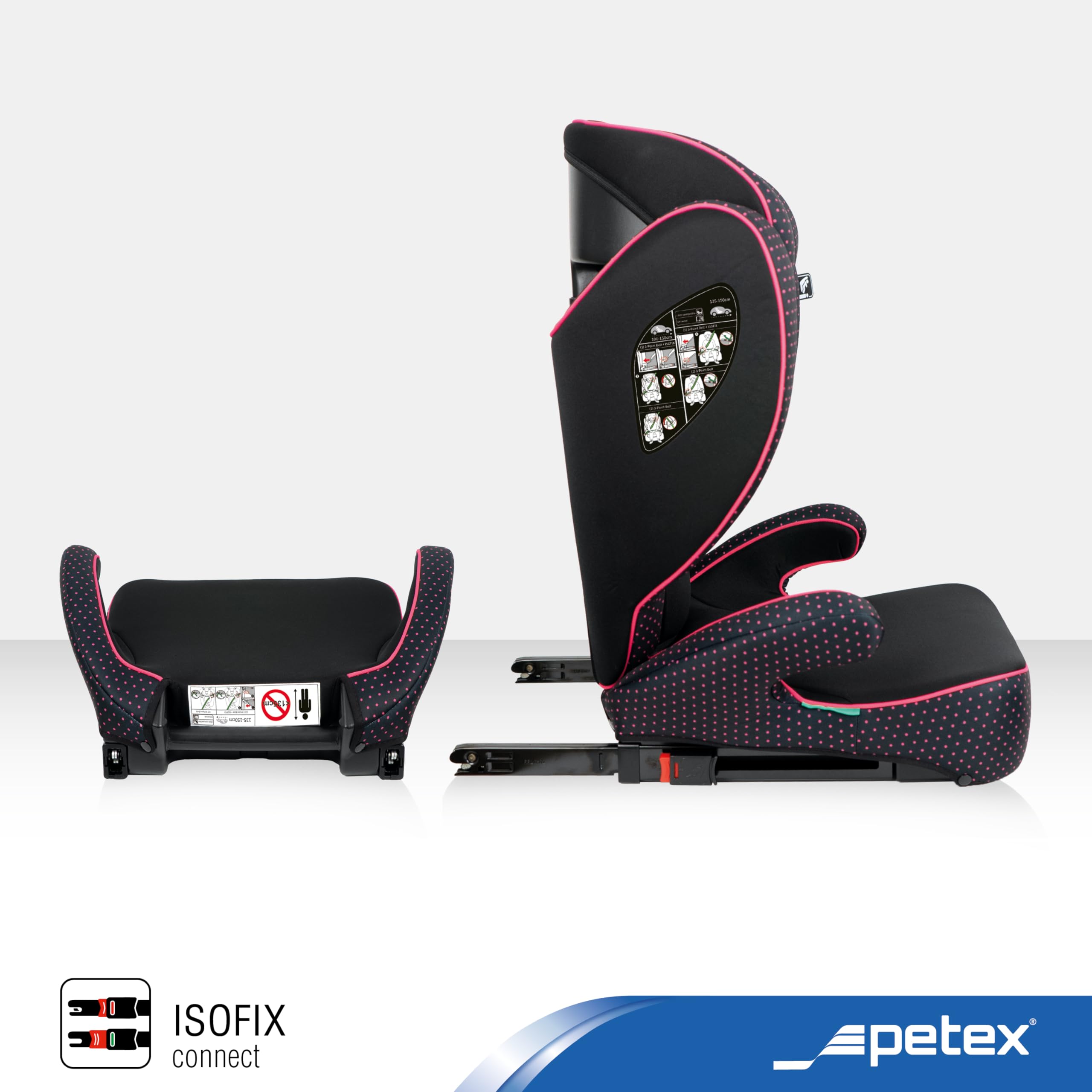 PETEX Fotelik samochodowy dla dzieci z ISOFIX – Basic Plus i-Size zgodny z normą ECE R129 dla dzieci w wieku od ok. 100 – 150 cm, regulowana wysokość fotelika samochodowego w kolorze różowym, 1 sztuka