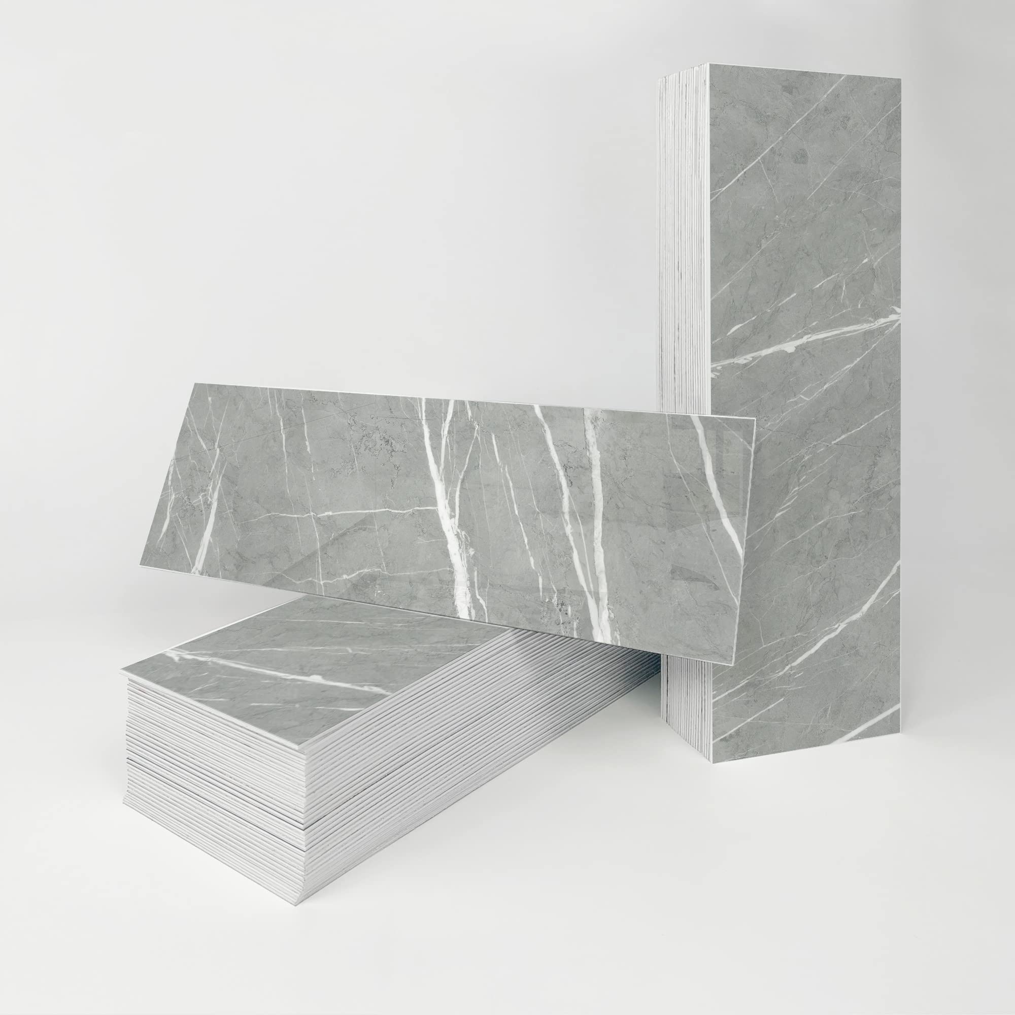 Alwayspon 27PcsX4inchX12inch Gray Marble Effect Vinyl Wall Tile Transfers Sticker, Peel and Stick Self-Adhesive Splashback, Foaming Sticky Back Stick On Tile Decals Sticker for Kitchen Bathroom Wall