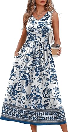 OFEEFAN Summer Dresses for Women 2026 Flowy Casual Midi Dress V Neck Beach Vacation Sundresses with Pockets