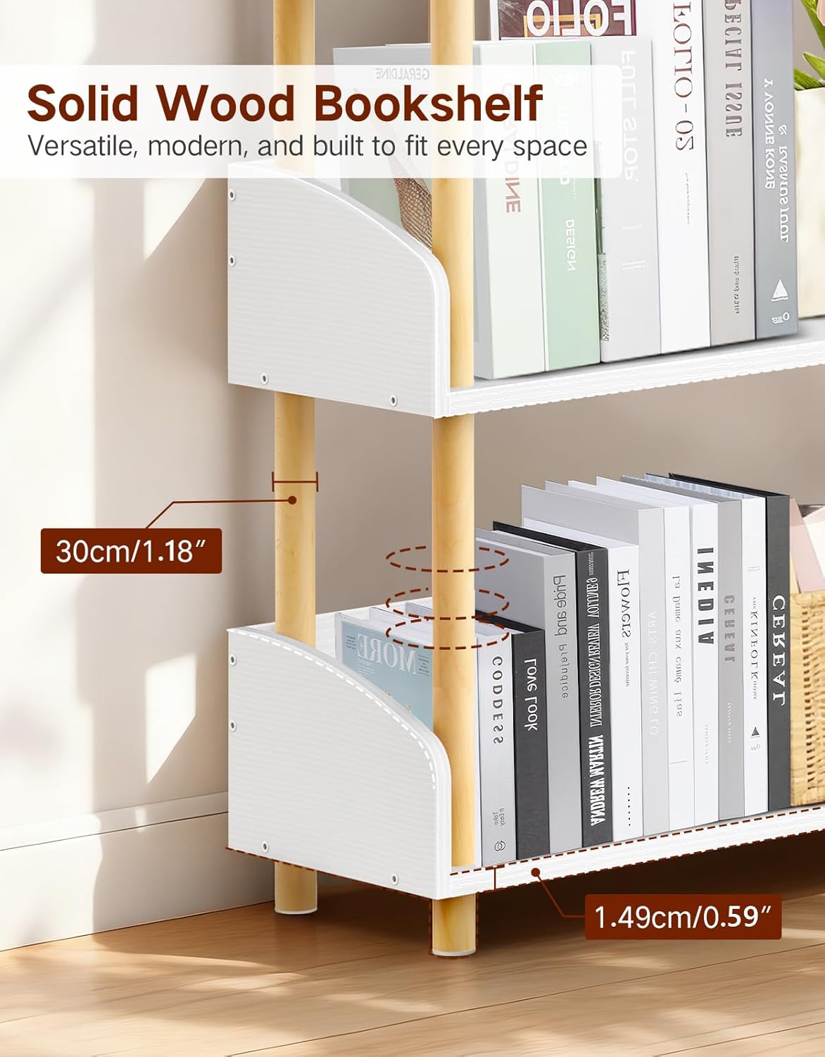 4-Tier Wooden Bookshelf, Modern Open Bookcase with Solid Wood Frame and Top Edge, Sturdy Freestanding Storage Organizer for Living Room, Bedroom, Home Office (White)