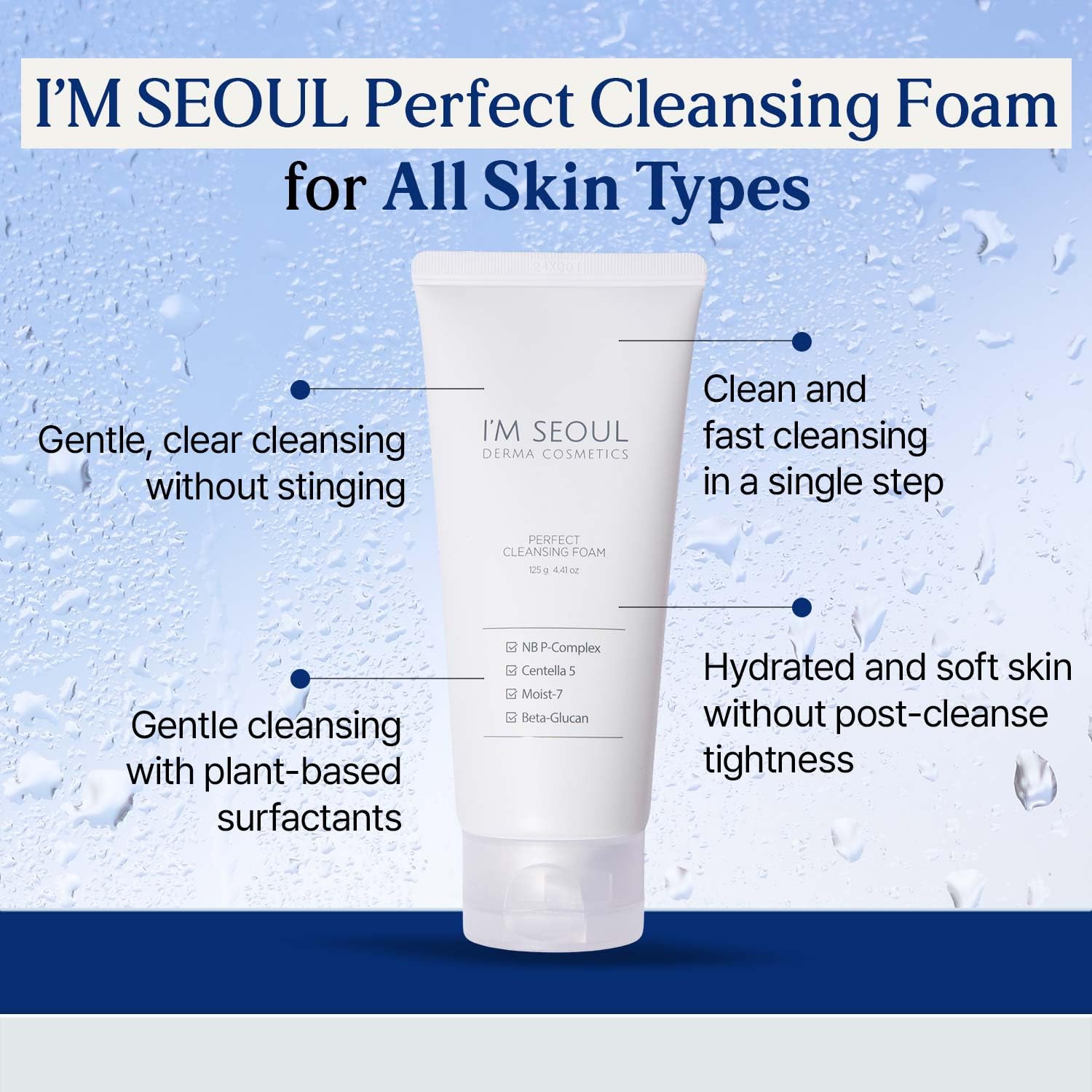 I'M SEOUL Cleansing Foam Gentle Micellar Facial Cleanser with Plant-Based Surfactants NB P-Complex Centella Beta-Glucan Hydrating Korean Face Wash 4.41 oz