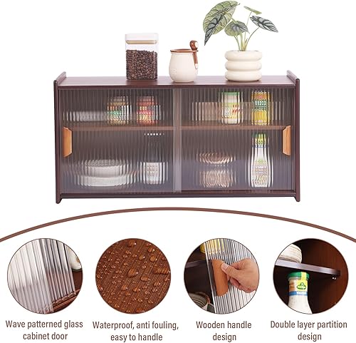 Miniatura 10 de Tiita Armario pequeño de despensa de cocina, aparador de bambú con puertas de vidrio, armario de despensa de alimentos para cocina, sala de estar y