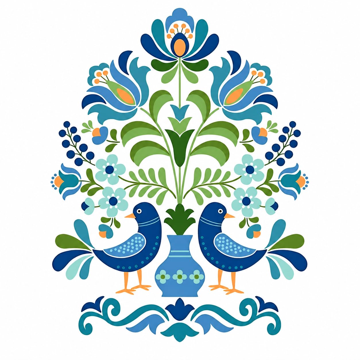 Folk Art Wall Decal, Blue Birds and Floral Design, 60 x 48 cm, Decorative Vinyl Wall Sticker-image-24