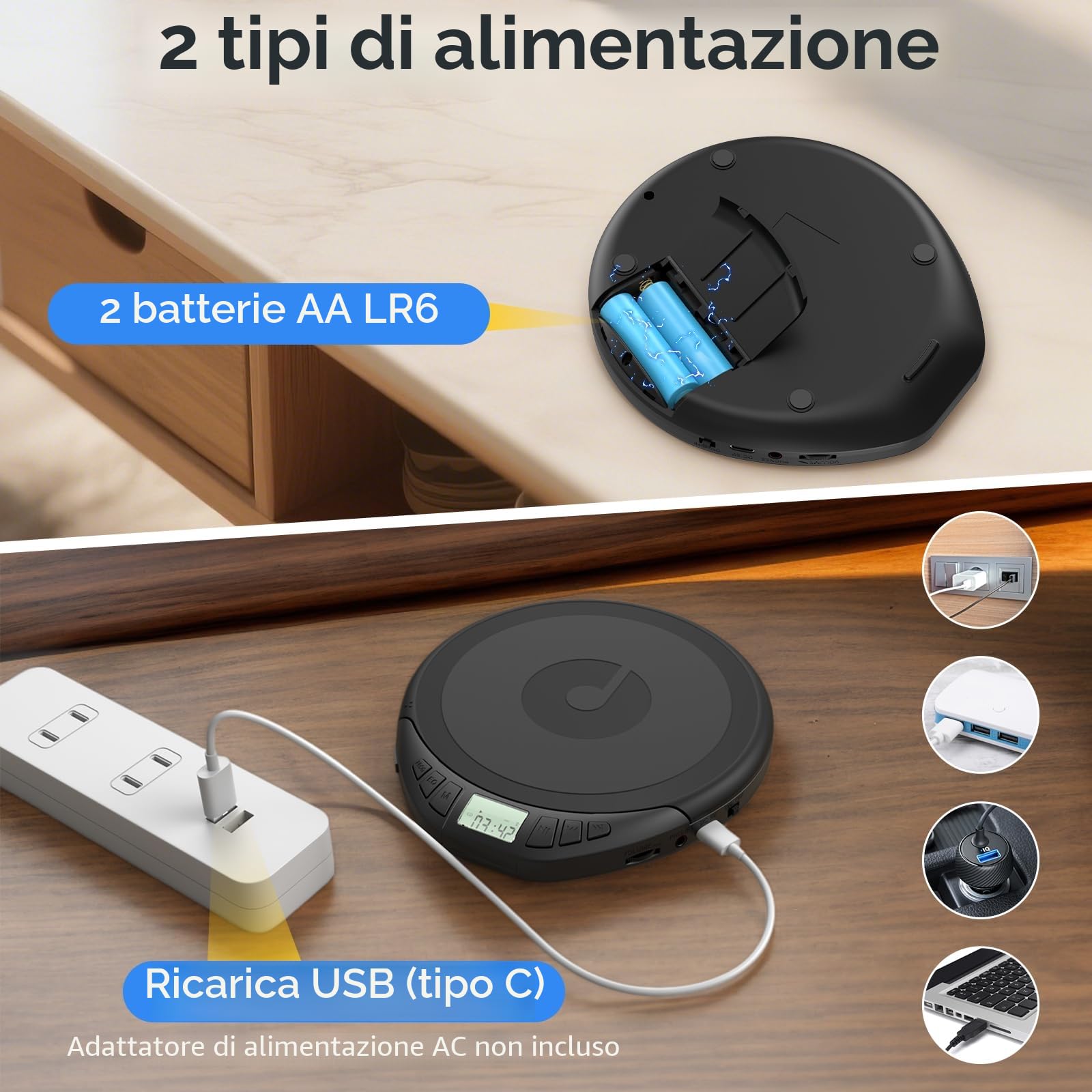 Lettore CD Portatile HiFi con Cuffie Display LCD Anti-Skip