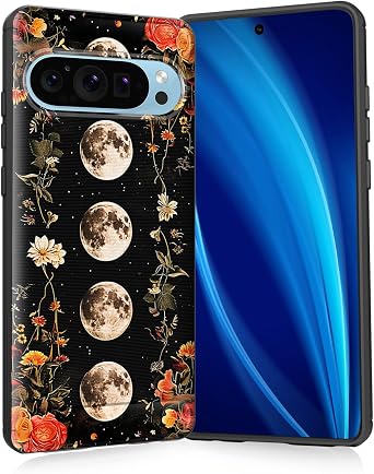 for Pixel 7 Case,Slim Thin Silicone Soft Flexible TPU Brushed Black Anti-Scratch Shockproof Protective Cover for Google Pixel 7,Full Moon and Red Flower