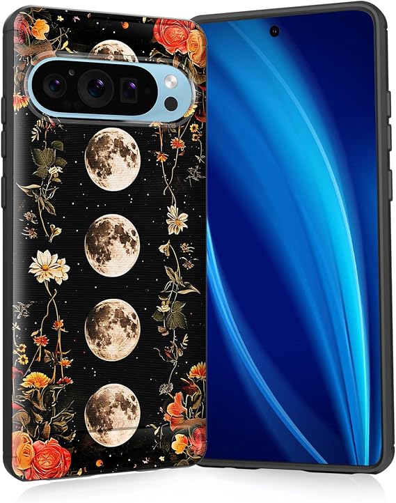 for Pixel 7 Case,Slim Thin Silicone Soft Flexible TPU Brushed Black Anti-Scratch Shockproof Protective Cover for Google Pixel 7,Full Moon and Red Flower