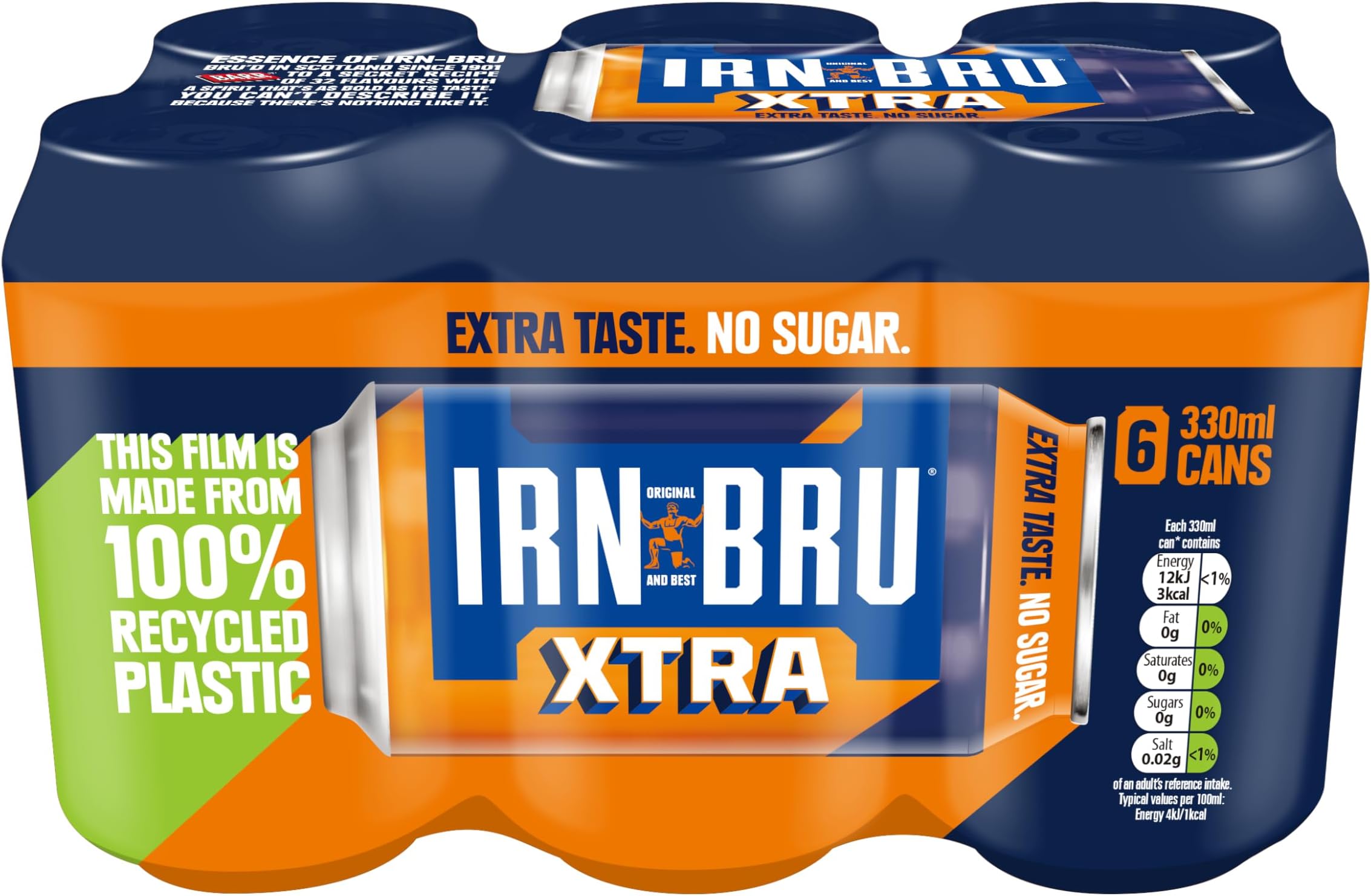 XTRA, 6 Pack Zero No Sugar & Low Calorie with XTRA Taste Fizzy Drinks Multipack Cans - 6 x 330ml Cans