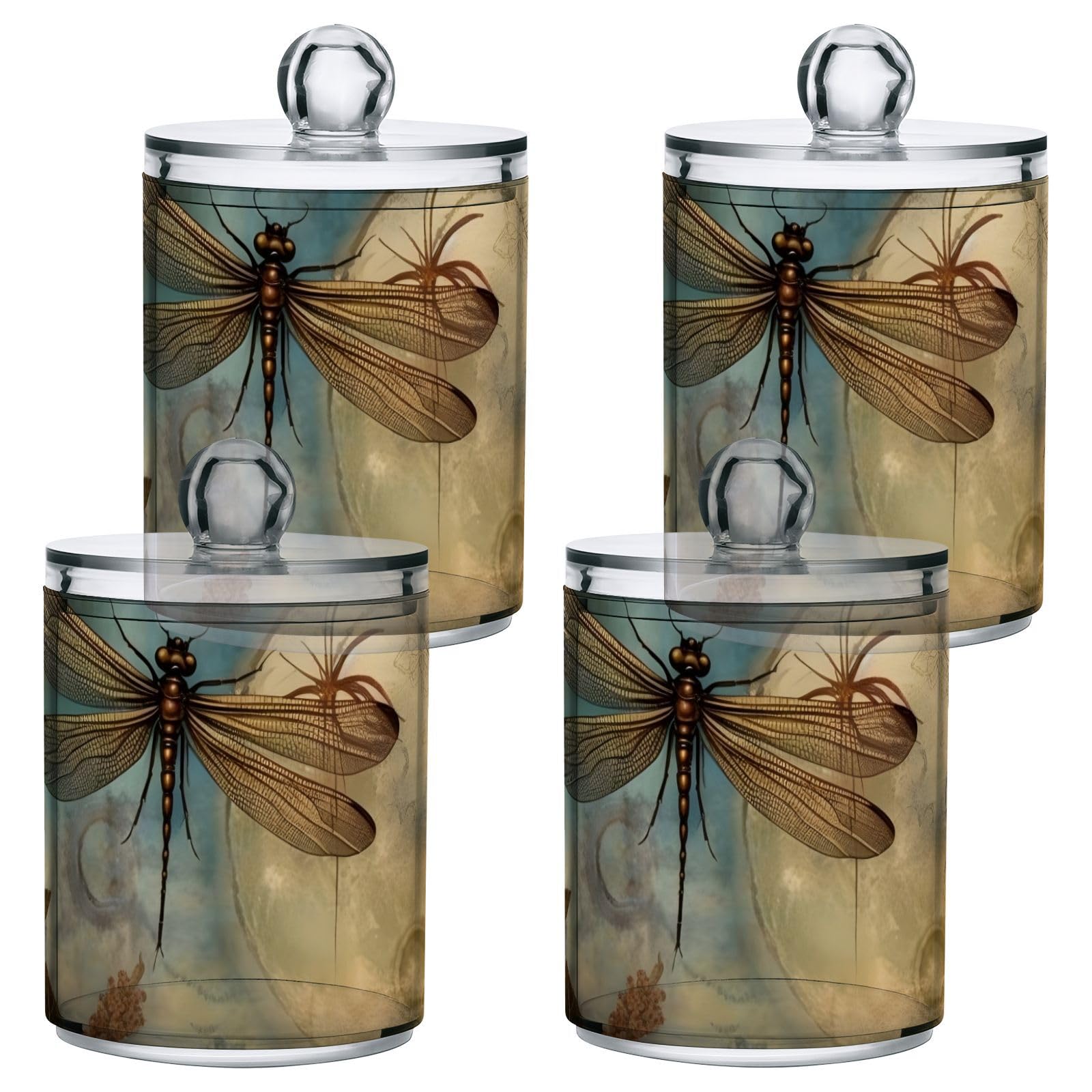 YMGQYJ Qtip Cotton Ball Holder Dispenser with Lid, Dragonfly Moon Print Plastic Jars Bathroom Canisters Storage Organizer 2 Pack