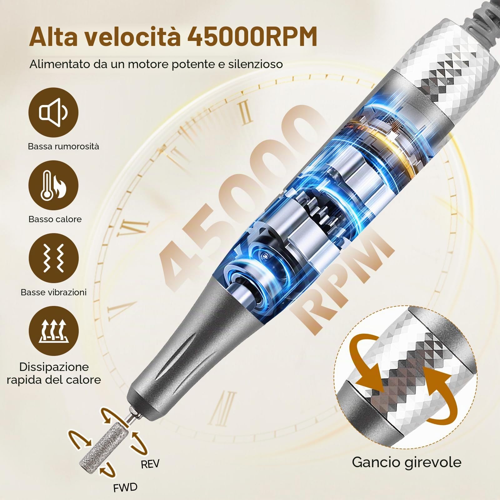 Ponceuse pour Ongles Professionnelle, elettrico per la cura delle unghie con 3 lime per unghie, 11 punte, 56 nastri abrasivi, luce LED, 45.000 RPM per unghie acriliche gel lucidante rimozione manicure