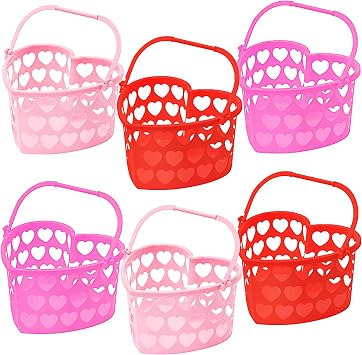 Zcaukya 6 Packs Valentines Day Baskets, 7.1" x 7.9" x 4.3" Small Plastic Heart Shaped Basket with Handles, Heart Hollowed Baskets Holders for Romantic Party Wedding Part Decor