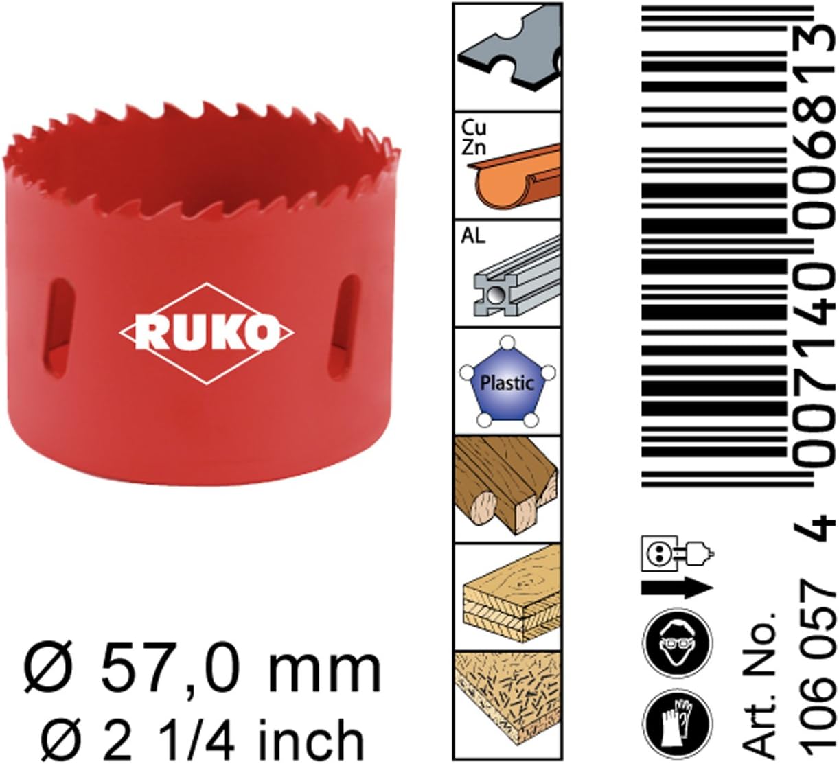 Ruko HSS Bi-Metal Hole Saw with Varied Toothing, Red Finish, 57.0 mm Diameter, R106057, 57 mm - Image 4