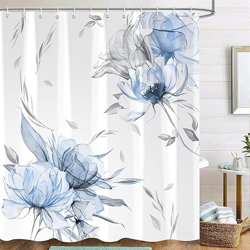 Miniatura 2 de Juego de cortinas de baño con flores azules y grises, cortinas de baño rústicas, estilo bohemio, con hojas florales, decoración de baño, tela