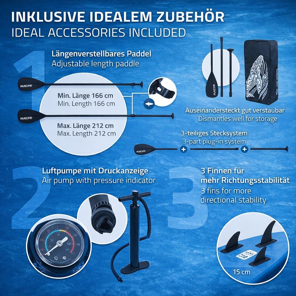 Tavola gonfiabile SUP 320 cm – Paddleboard fino a 120 kg – Stitch a 2 strati – Include pagaia in alluminio, pompa, borsa e accessori – EVA, antiscivolo, blu