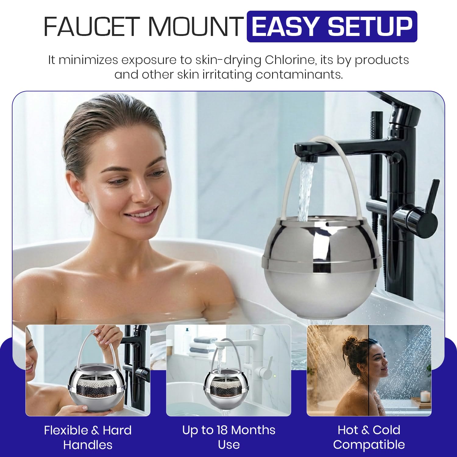Crystal Quest Bath Ball Filter for Tub Faucet, Bathtub Water Filter, BPA-Free Bathtub Filter, Removes Chlorine, Lead & Impurities, Improves Skin, Hair & Nails, Long Lasting, Fits Most Tubs - Chrome