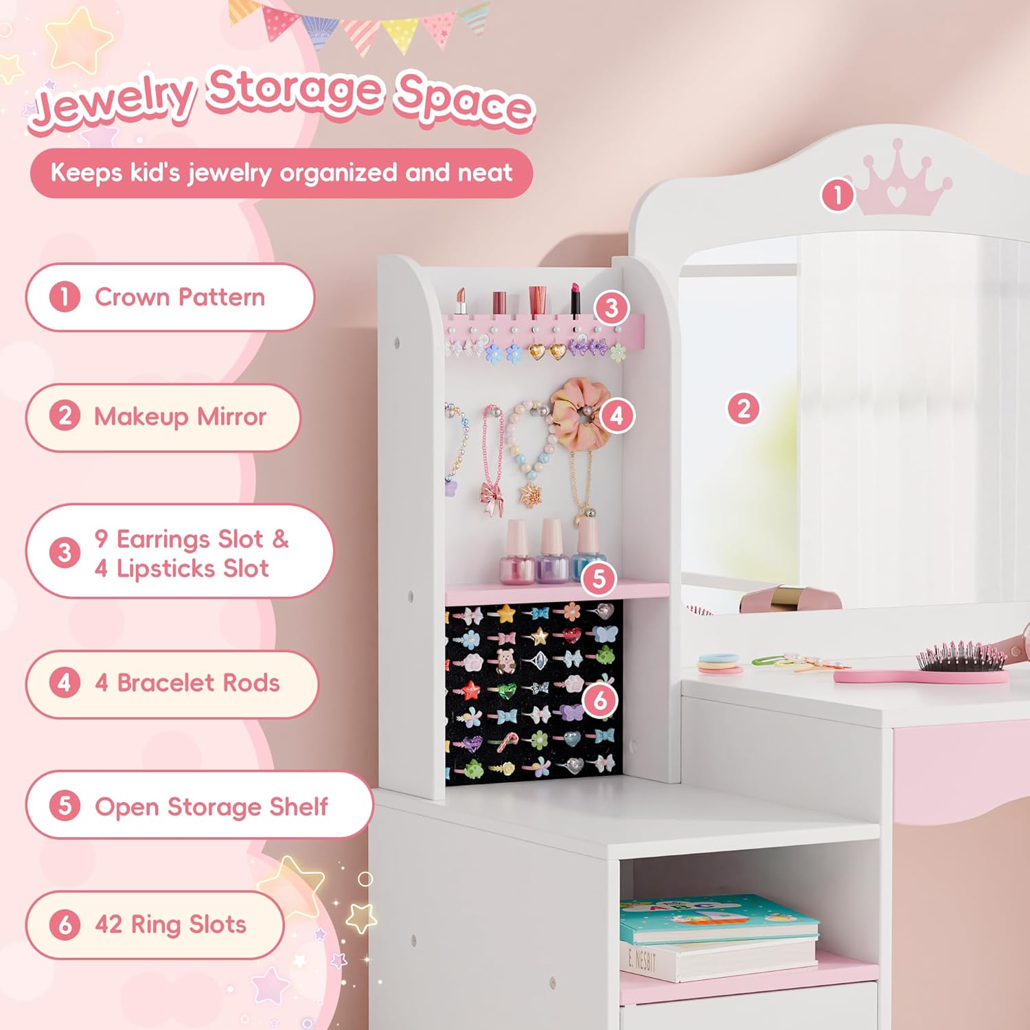 MU Kids Vanity, Girl Vanity Set with Mirror and Stool, 2 in 1 Toddler Makeup Vanity Table with Jewelry Storage, Wooden Princess Makeup Desk Dressing Table for Little Girls, (White)