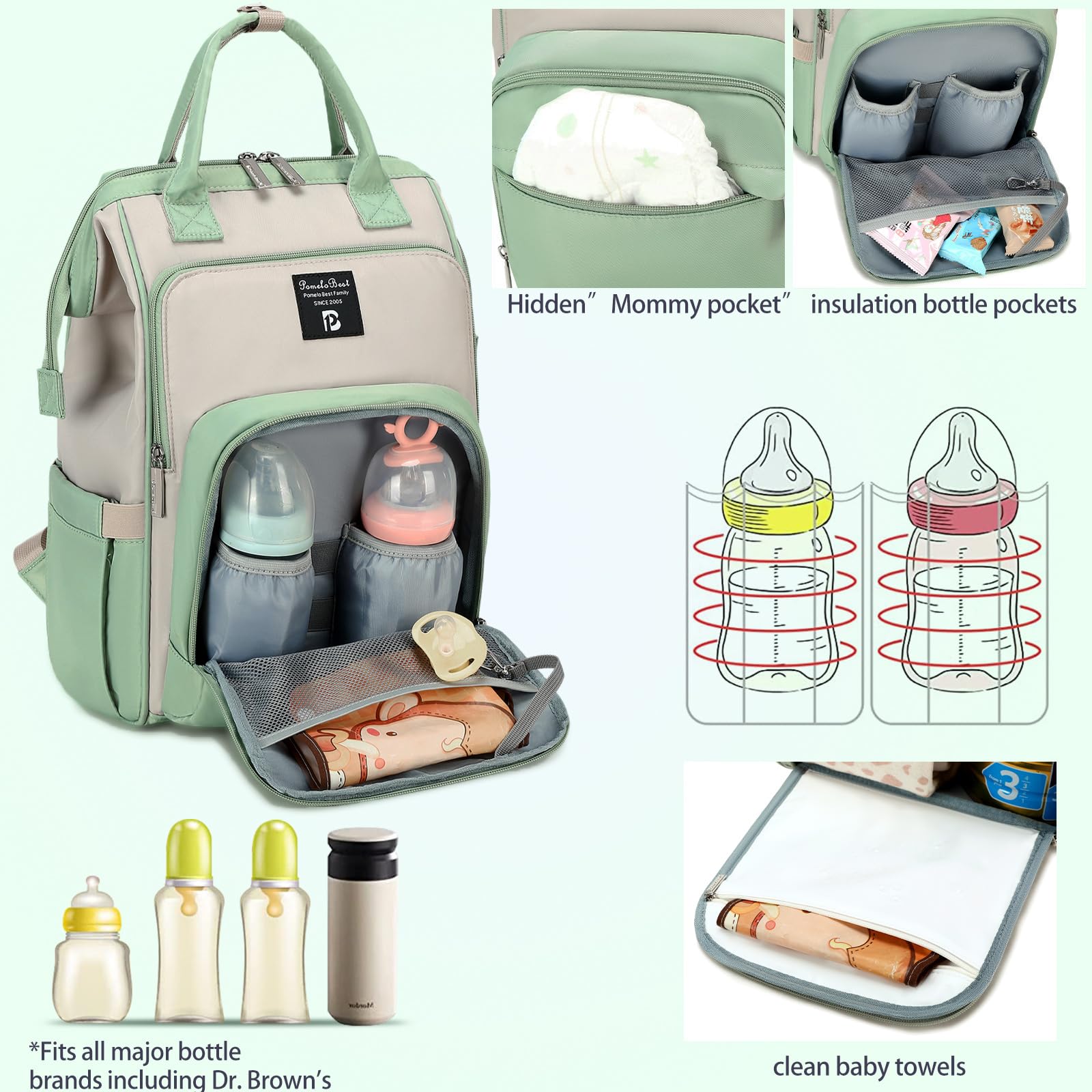 Pomelo Best Zaino Mamma Multifunzione Neonato Fasciatoio Bambino Impermeabile Borsa Stoffa Grande capacità con Materassino fasciatoio, 2 tasche isolanti bottiglia per Viaggiare