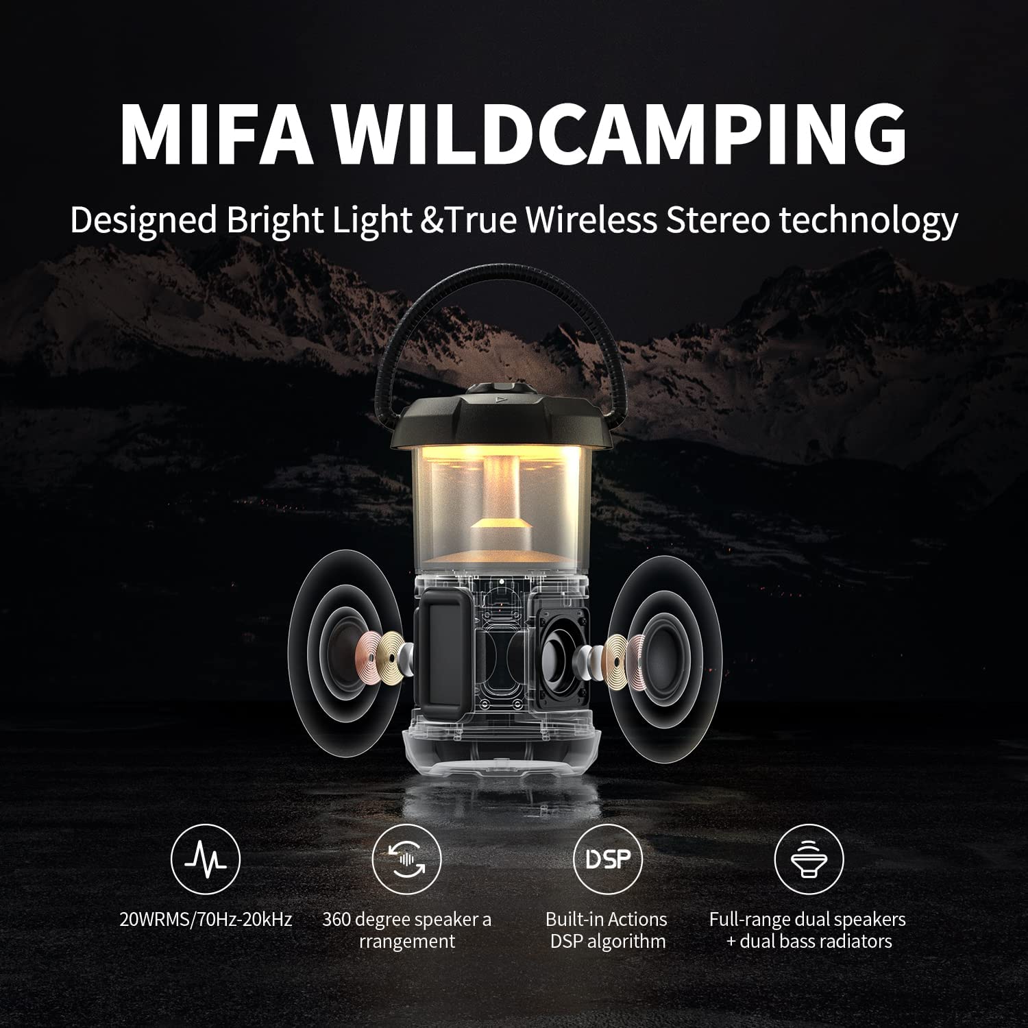 MIFA WildCamping Bluetooth Lautsprecher mit Camping Lampe, Bluetooth 5.3 20 Watt HiFi Sound, IP67 wasserdicht dustproof, unterstützt Powerbank Mikro SD-Karte TWS