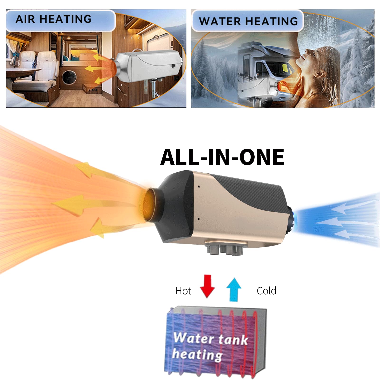12V Standheizung Diesel, 7kW Diesel Lufterhitzer & Wasser in Einem Gerät, 6-Gallonen-RV-tank Wassererwärmung, LCD & Fernbedienung, 4 Betriebsmodi für die Wassererwärmung, Schnelles Aufheizen