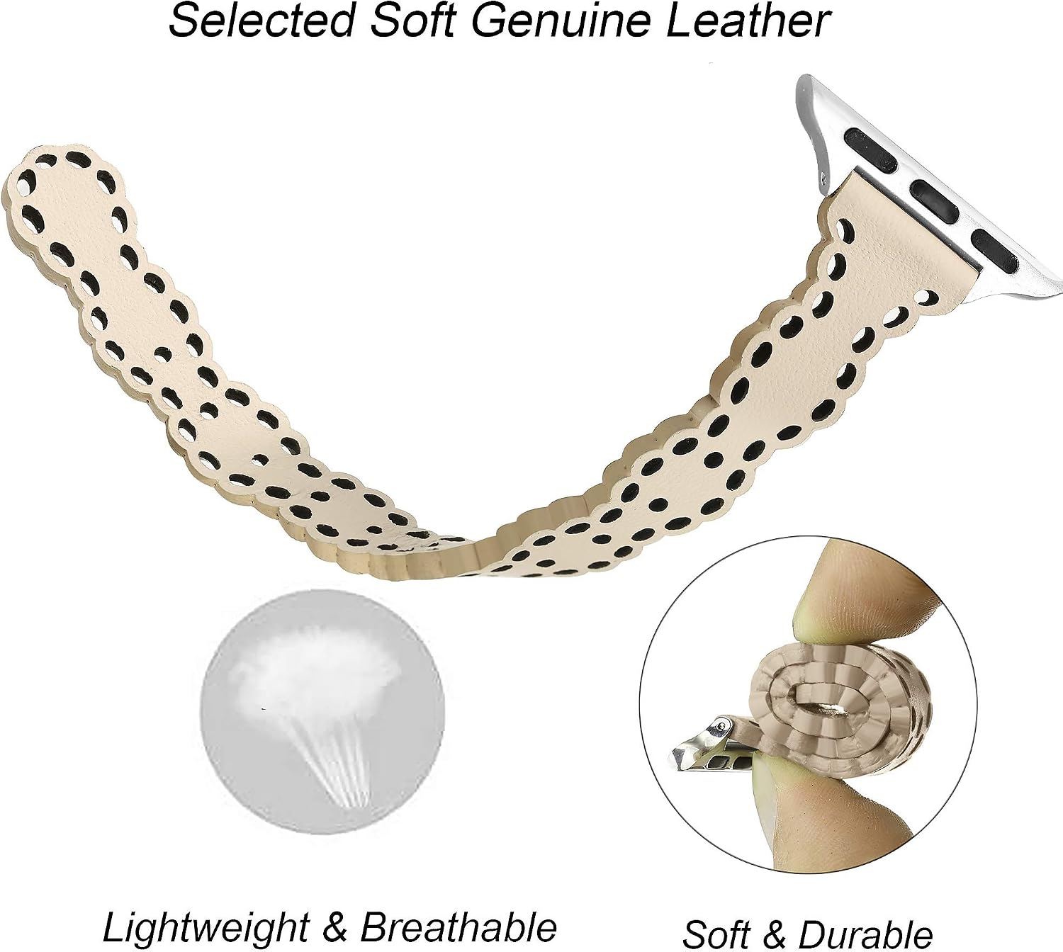 Secbolt Slim Leather Bands Compatible with Apple Watch Bands 38mm 40mm 41mm iWatch Series 8/7/6/SE/5/4/3/2/1, Elegant Top-grain Leather Hollowed-Out Thin Wristband Strap Accessories for Women, Beige