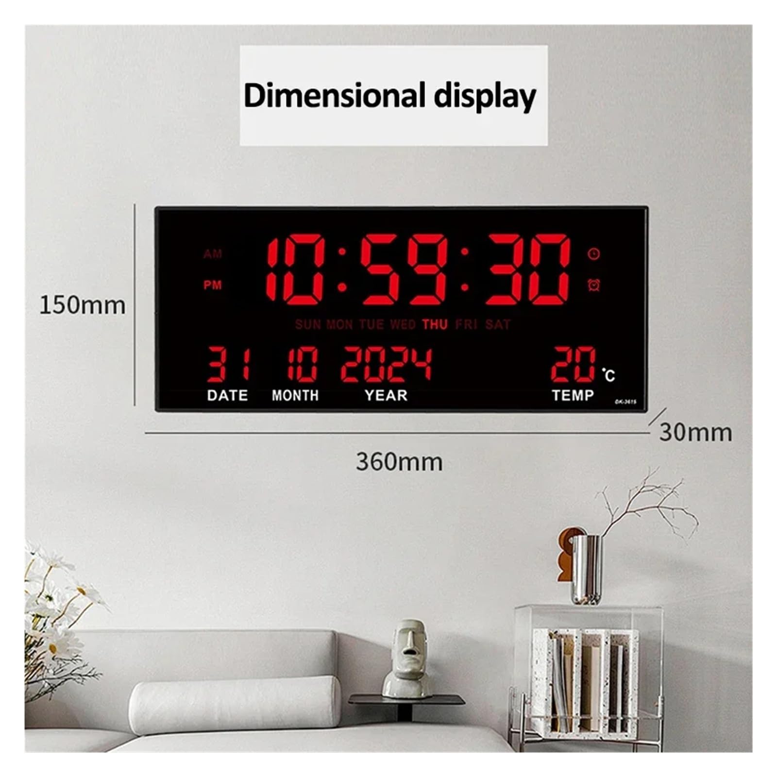 Orologio da parete digitale grande, temperatura, data, calendario, display, 8 set di allarme, orologio elettronico a LED da 14 pollici Display luminoso(Red)