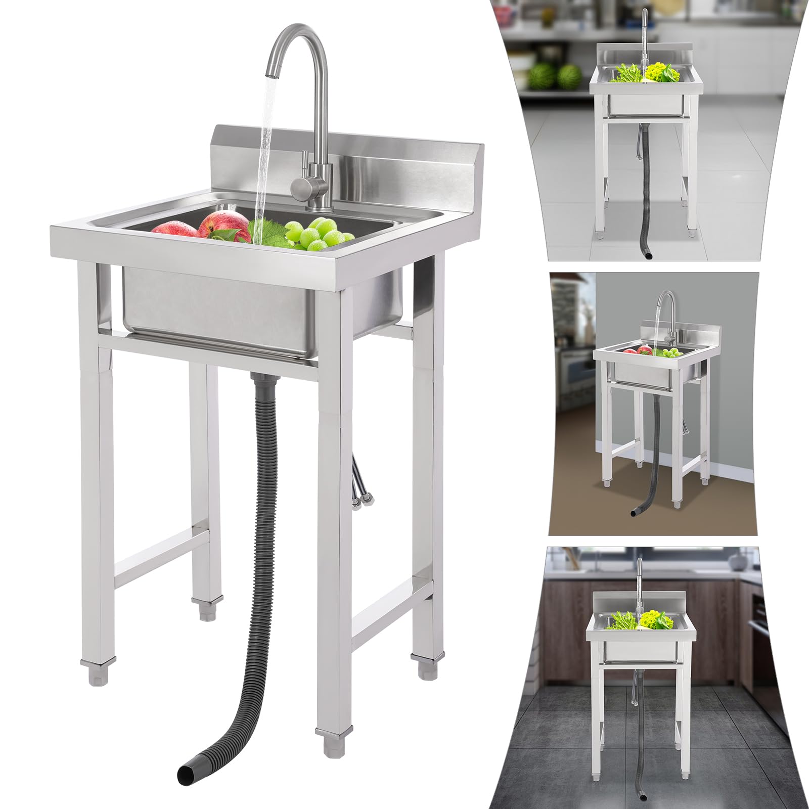 Évier de cuisine commercial sur pied avec robinet rotatif à 360° - En acier inoxydable - Pour nettoyer la vaisselle - 50 x 50 x 93 cm