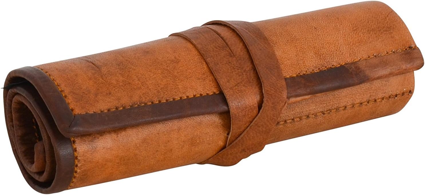 Vintage Stuff Genuine Leather Stationery Pencil Roll Case Handmade Art College Supplies Roll Wrap Pouch Holder Vintage Unisex Brown