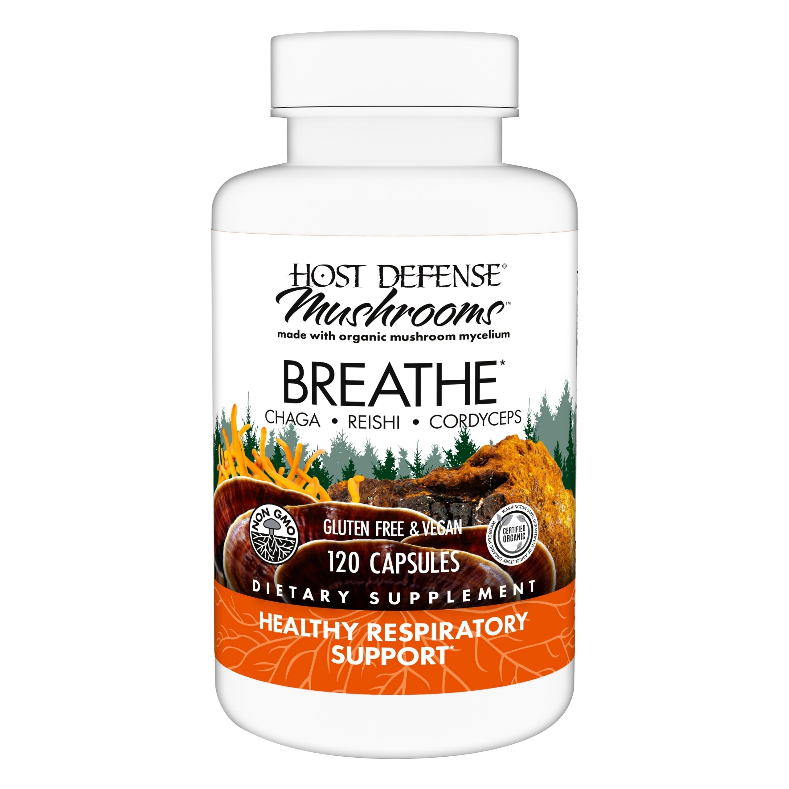 Host DefenseBreathe* Capsules - Immune & Respiratory Support Mushroom Supplement - Herbal Lung Health Supplement with Chaga, Reishi & Cordyceps - 120 Capsules (60 Servings)*