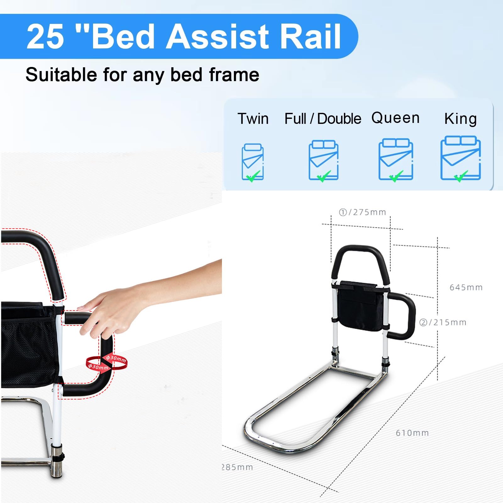 NEWFUN Sponda Letto Anziani, Sbarre Per Letto Anziani, Sponde Per Letto Anziani, Sbarra Letto Anziani, Con Corrimano Rimovibile e Rinforzato e Borsa di Stoccaggio, Sicura e Stabile
