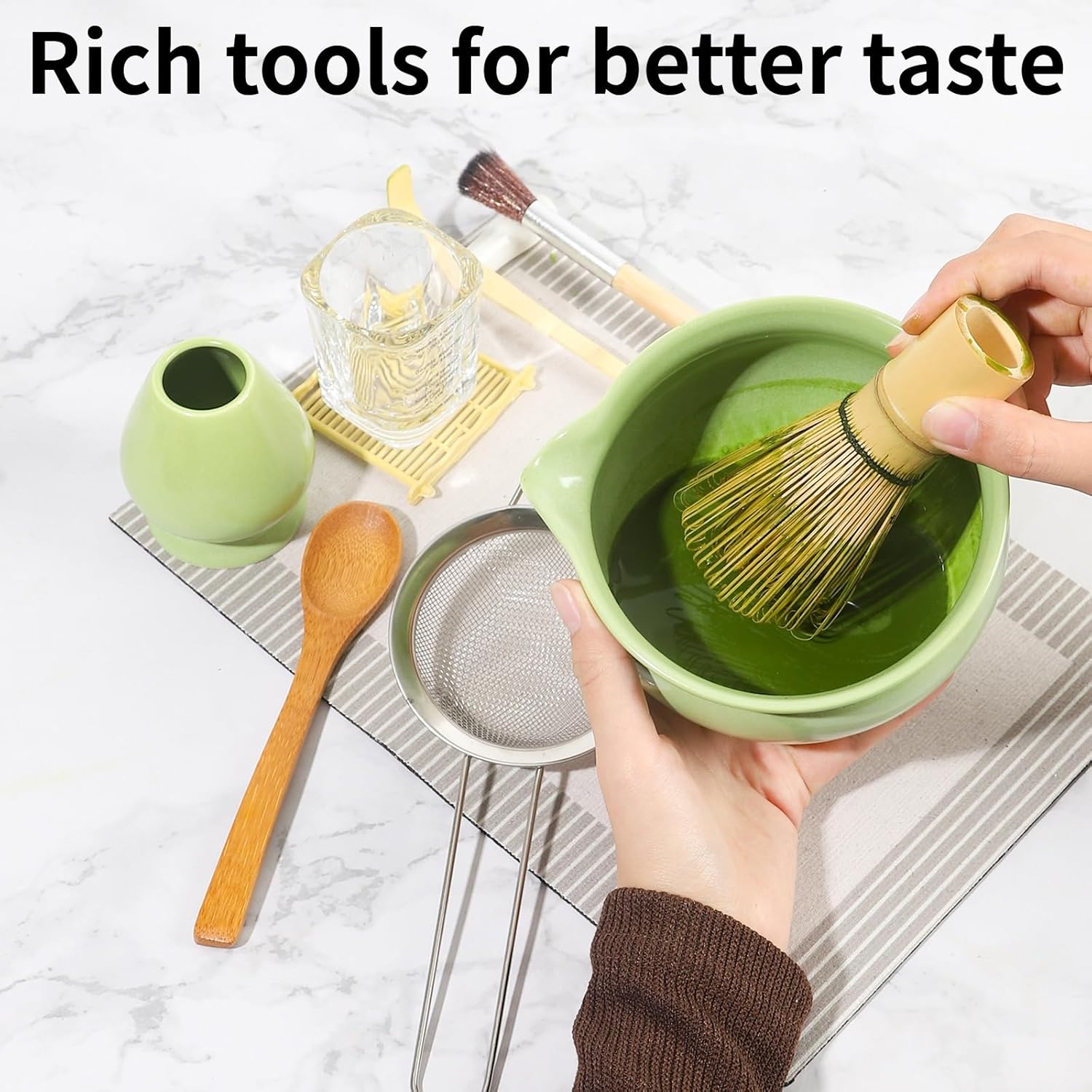 12 Pcs Matcha Whisk Set - Matcha Set Includes Ceramics Matcha Bowl and Cup, Matcha Kit for Ceremony Making Tools, Gift for Family/Friend （green）