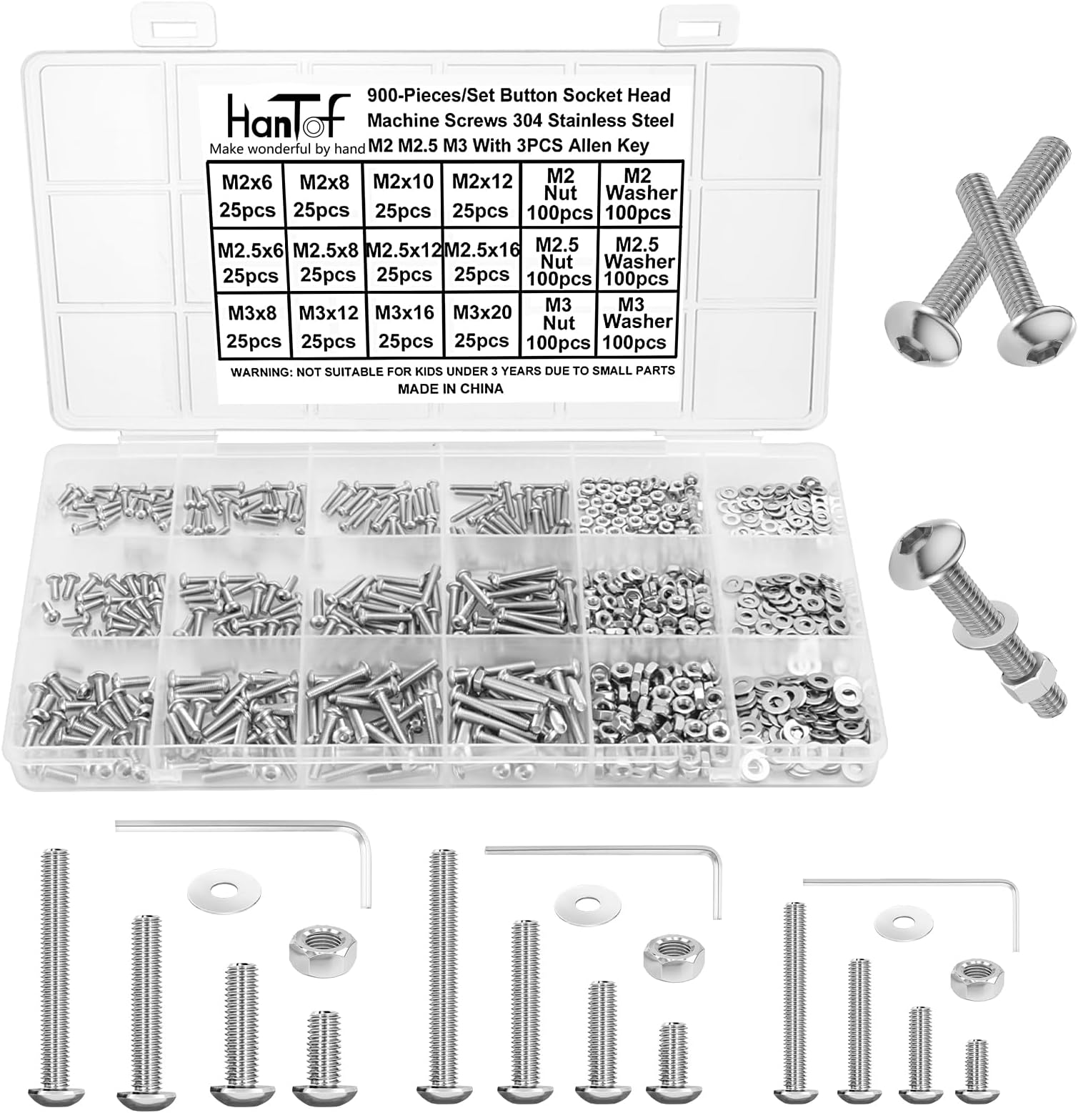 900PCS Button Head Hex Socket Cap Screws Assortment Kit, Small M2 M2.5 M3 Bolts and Nuts Washers Set, Allen Head Machine Screws, 304 Stainless Steel, Fully Threaded, Come with Hex Wrench.