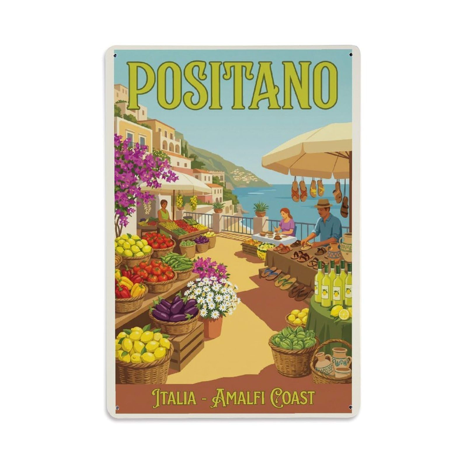 Vintage Travel Positano Italy Chartreuse Metal Tin Sign Plaque Wall Decor for Cafe, Club Bar, Office, Garden Metal Poster 8x12Inch