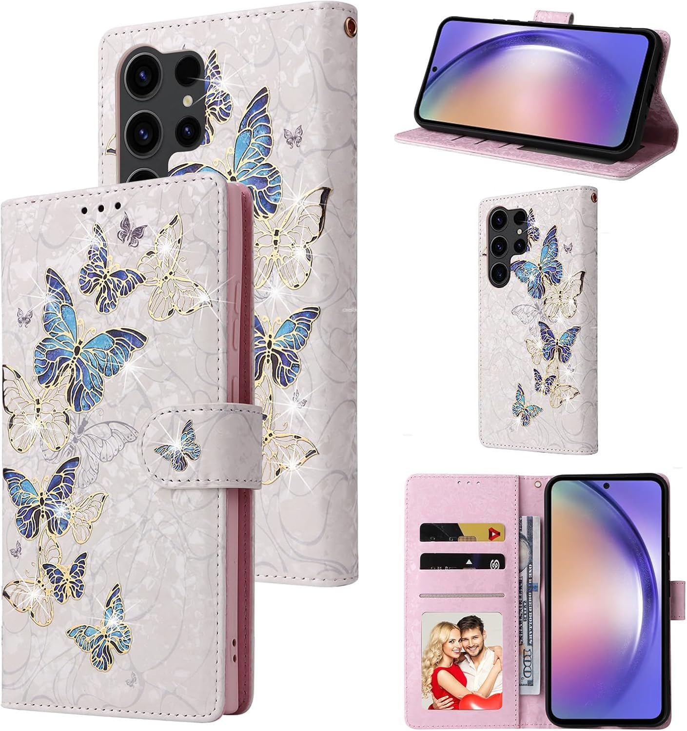 UEEBAI Wallet Case for Samsung Galaxy S24 Ultra 5G, PU Leather Phone Case Kickstand RFID Blocking Flip Case Card Slot Wrist Strap Relief Engraved