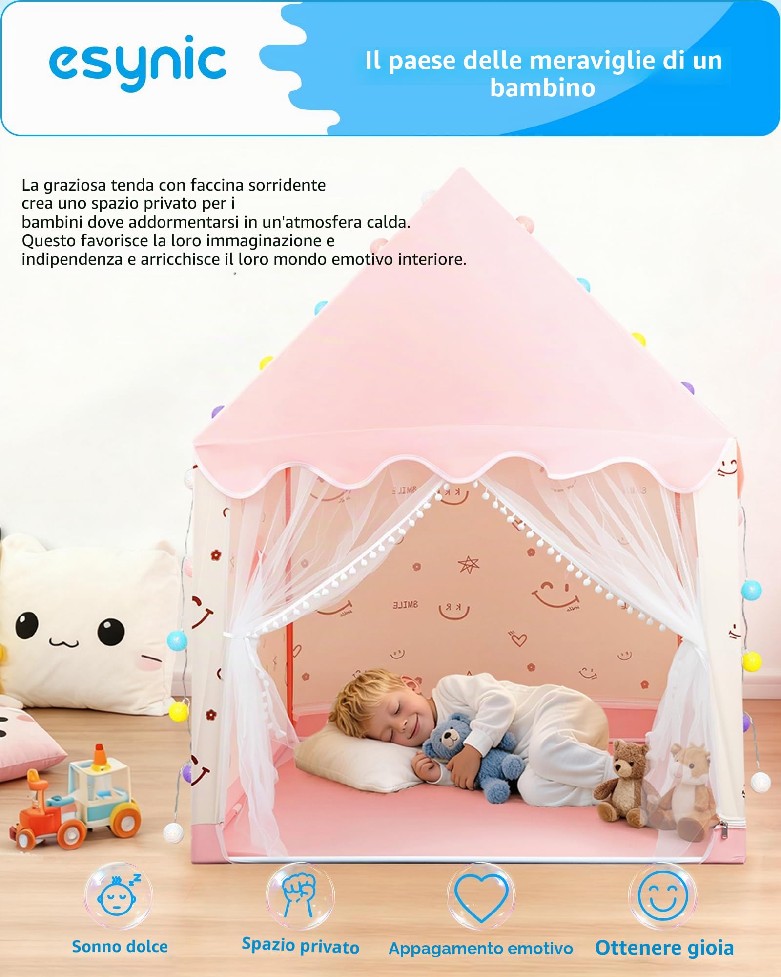 eSynic Tenda da Gioco per Bambini con Luci LED Decorative, Casetta Stanza di Attività Giochi Riposo con 2 Finestre per 2-3 Piccoli, Angolo da Lettura Studio, Facile da Montare - Rosa
