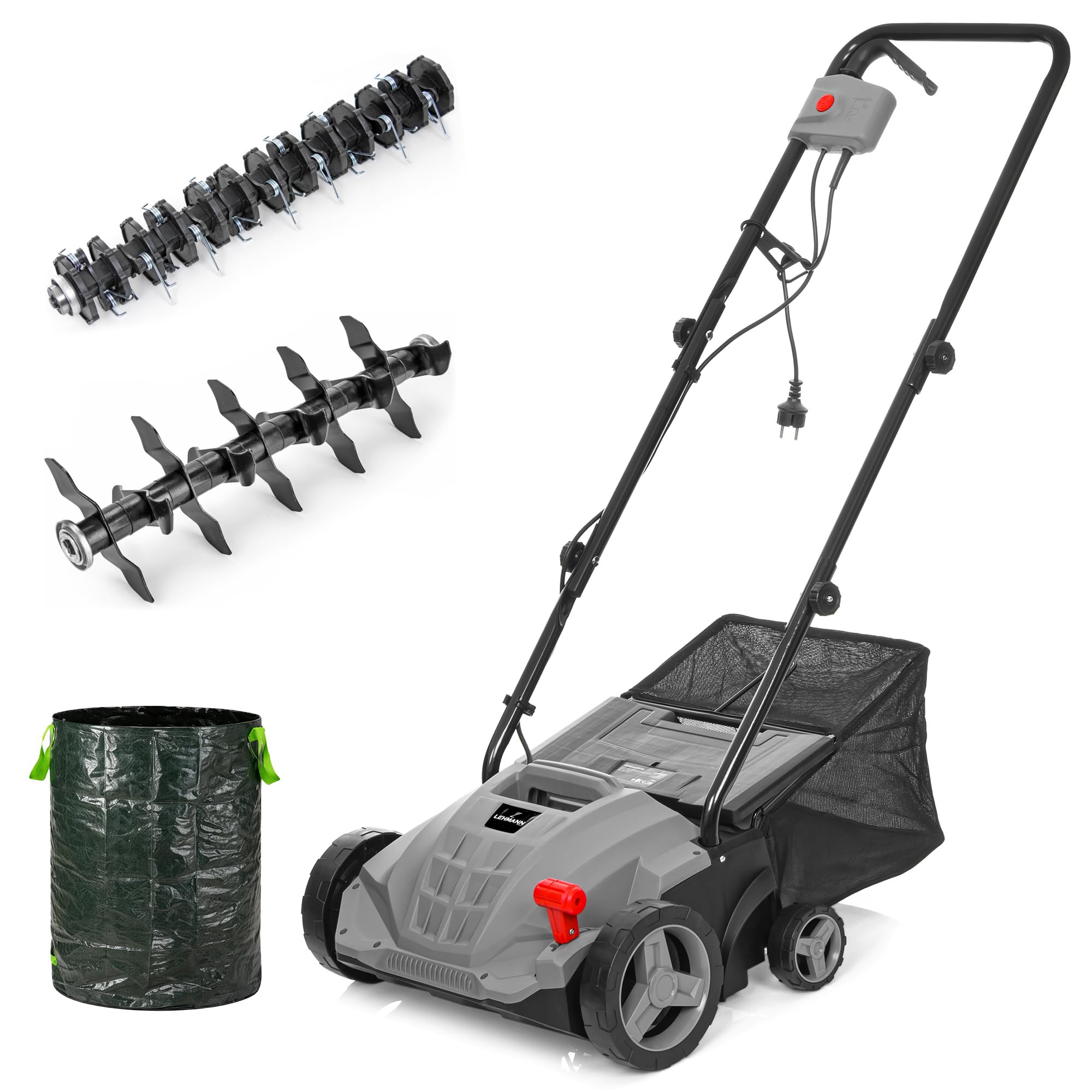 LEHMANN Alyssum - Escarificador de espuma (2 w1, 1500 W, escarificador eléctrico con ancho de trabajo de 32 cm, profundidad de trabajo ajustable en 4 niveles de -12 biz + 4 mm