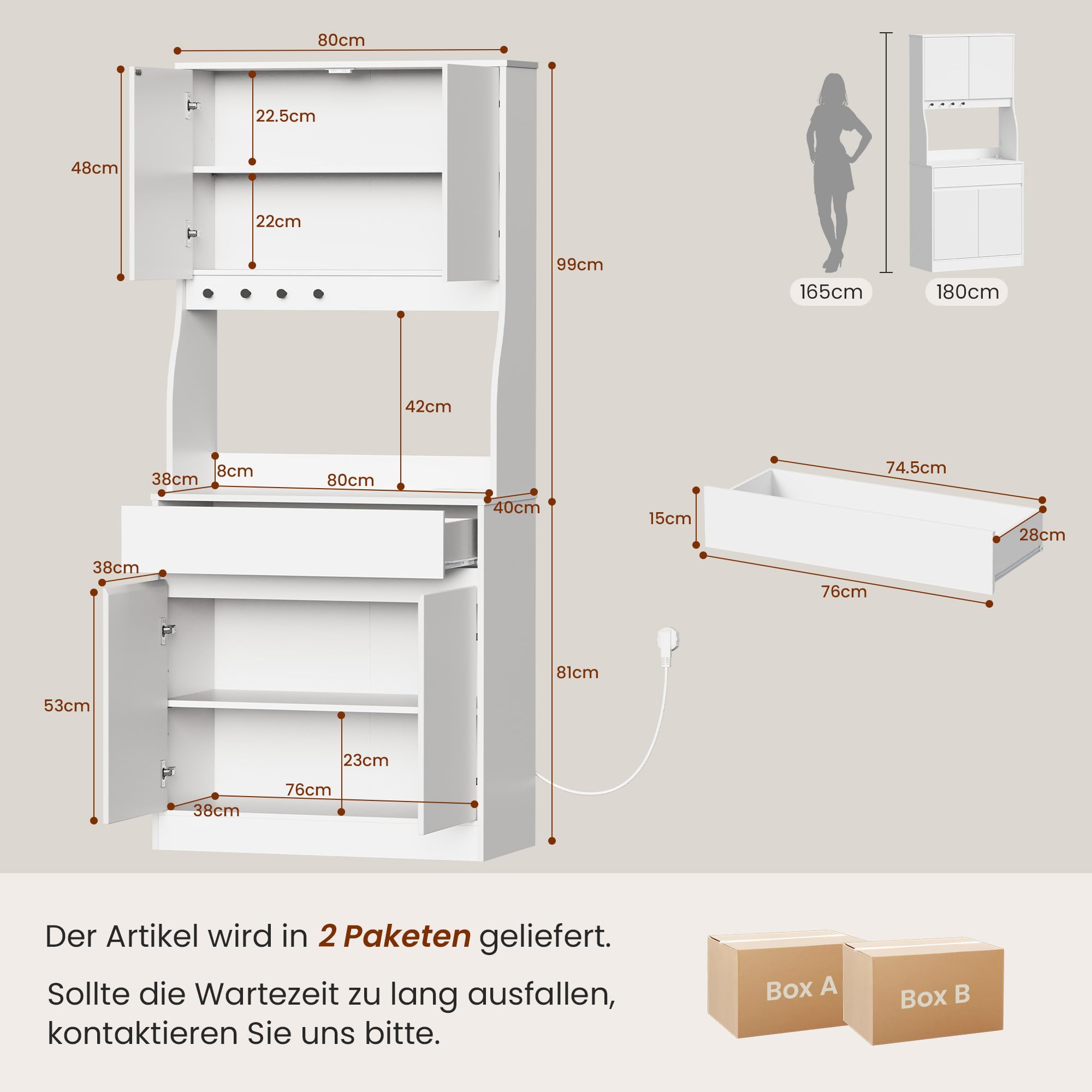 YOUDENOVA Küchenschrank Sideboard mit LED & Steckdose, Weiß | Buffetschrank mit Arbeitsplatte, Schublade, LED, Steckdose und verstellbaren Einlegeböden für vielseitigen Stauraum.