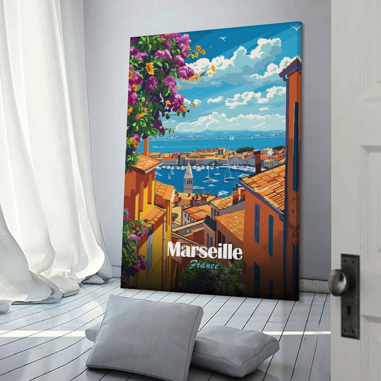 Junmoney Frame-Style-14 Marseille, France Cityscape Illustration Decorative Wall Artwork 16X24inch(40X60cm), For Living Room, Lounge Or Sitting Room, A Home Accent With Warm Character