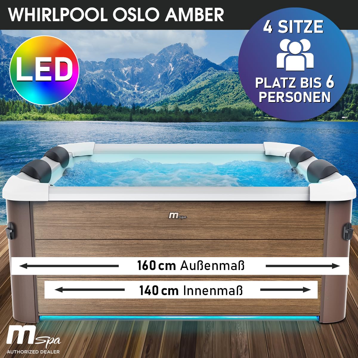 BRAST Whirlpool MSpa Oslo Amber mit Fester Außenwand | LED-Beleuchtung in 20 Farben für 6 Personen | 160x160x65cm | 120 Massagedüsen | Ganzjähriger Einsatz Winterfest | In & Outdoor Pool