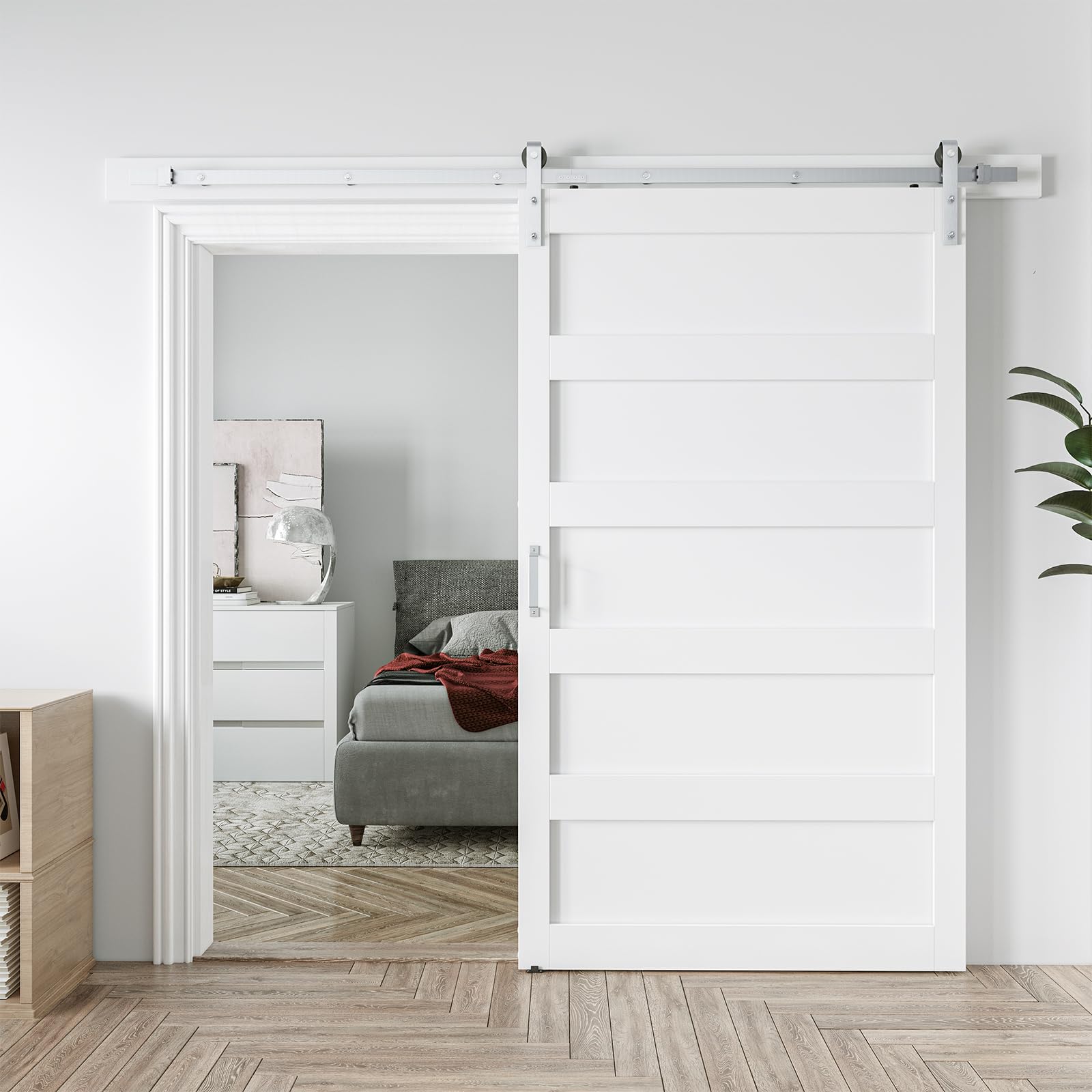 48in x 84in sliding barn door with 8ft barn door hardware kit amp handle pre-drilled holes easy assembly -solid barn door slab covered with water-proof pvc surface white 5 panel