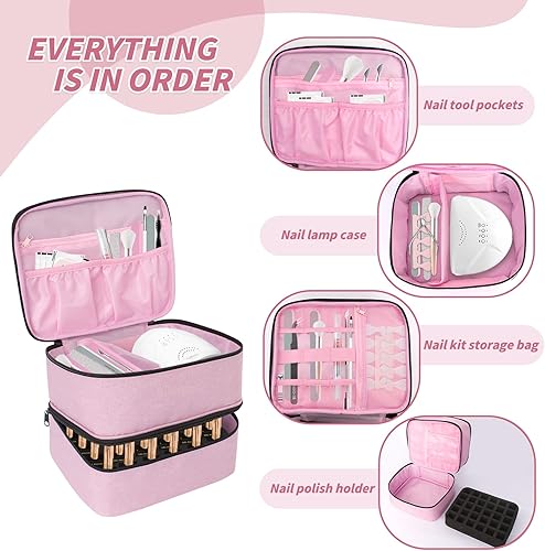Miniatura 4 de Organizador de esmalte de uñas y funda para lámpara de uñas, bolsa de almacenamiento de esmalte de uñas de 2 capas con capacidad para 30 botellas