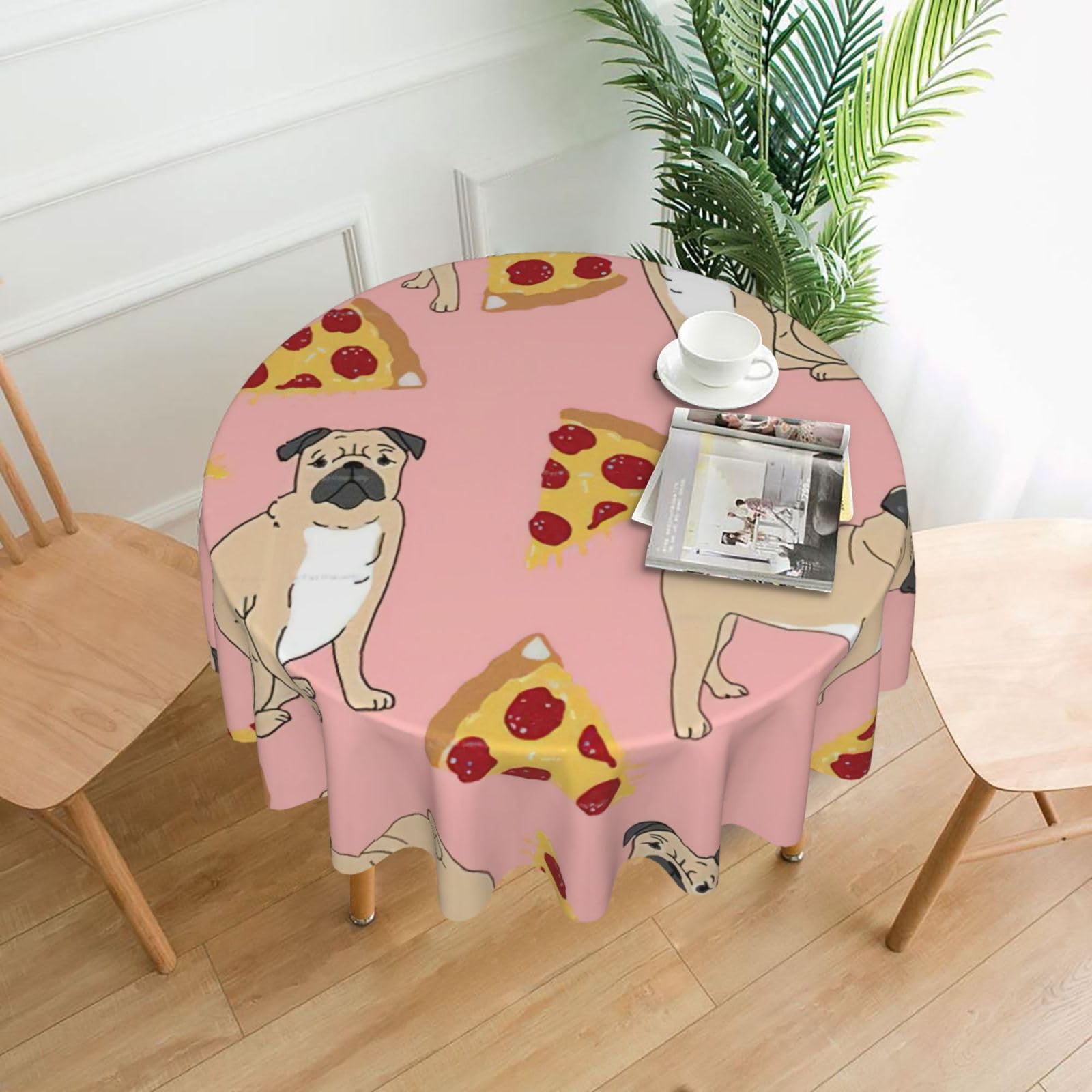 Uusnwaa Pug Pizza Pink Print Round Tablecloth 60 Inch, Stain Wrinkle Resistant Washable Polyester Table Cover For Kitchen Party