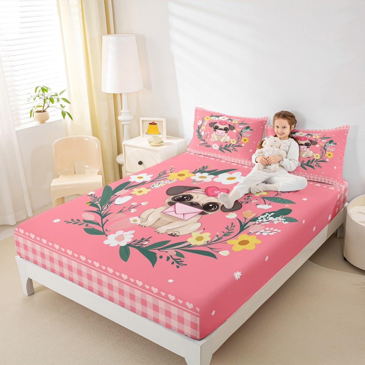 Erosebridal Kawaii Animal Bed Sheets Cute Pug Fitted Sheet Queen Size, Dog Puppy Sheets Pink Lattice Bedding, Rainbow Floral Bed Cover Romantic Love Print Room Decor for Dog Lovers Gifts (Deep Pocket)